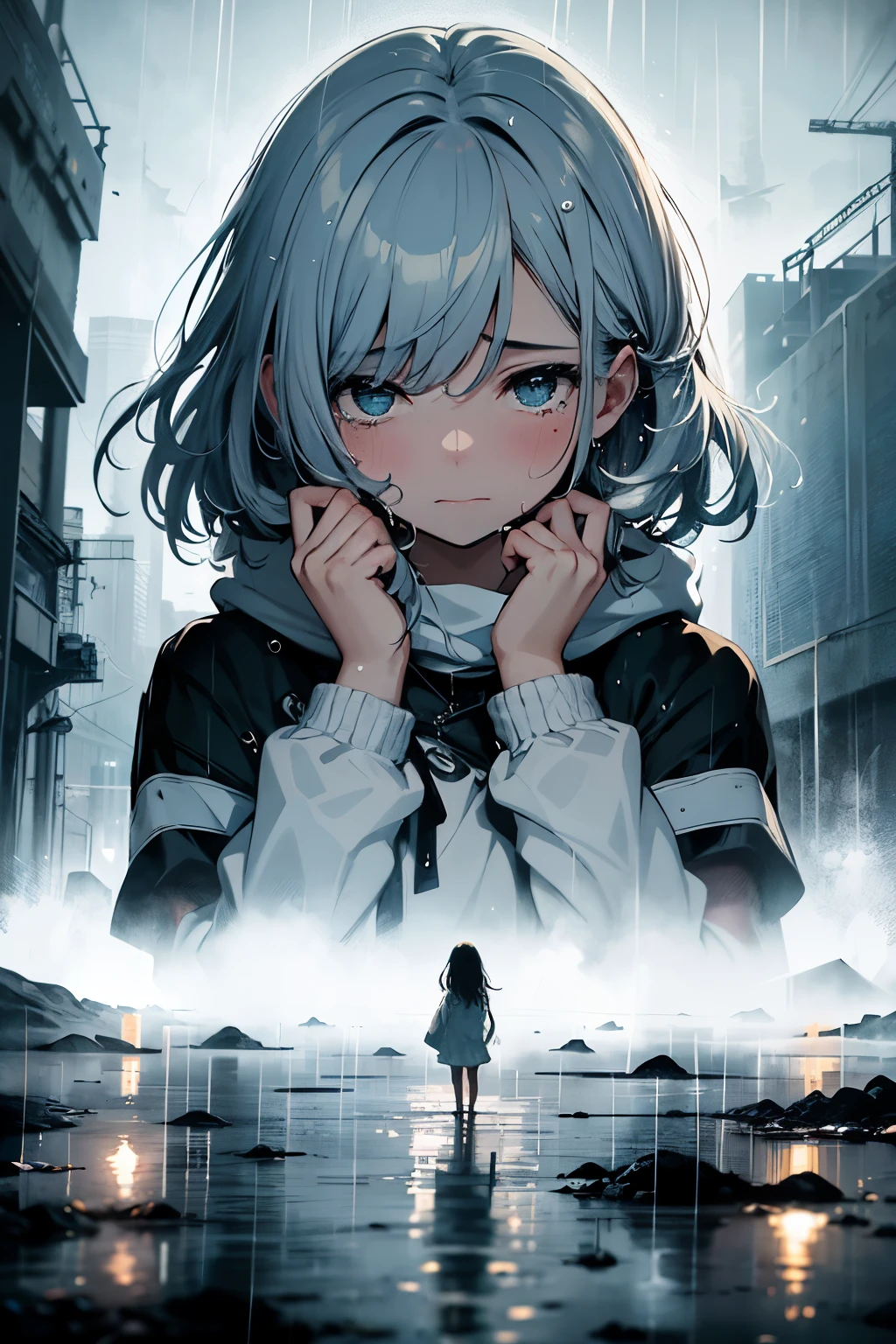 In the heart of a melancholic rain-soaked scene, a girl is depicted in a dreamlike lo-fi style on ArtStation. Her tear-streaked face (Best Quality, High-definition RAW color photography) is the focal point of the image, her sorrow deeply etched on every line and wrinkle. The soft droplets (1:2) falling around her add to the bittersweet sadness of the moment, each droplet a testament to her emotional turmoil. The atmospheric rain (1.2) shrouds the scene in a hazy, otherworldly glow, creating a surreal and emotional landscape.
The girl's expression is