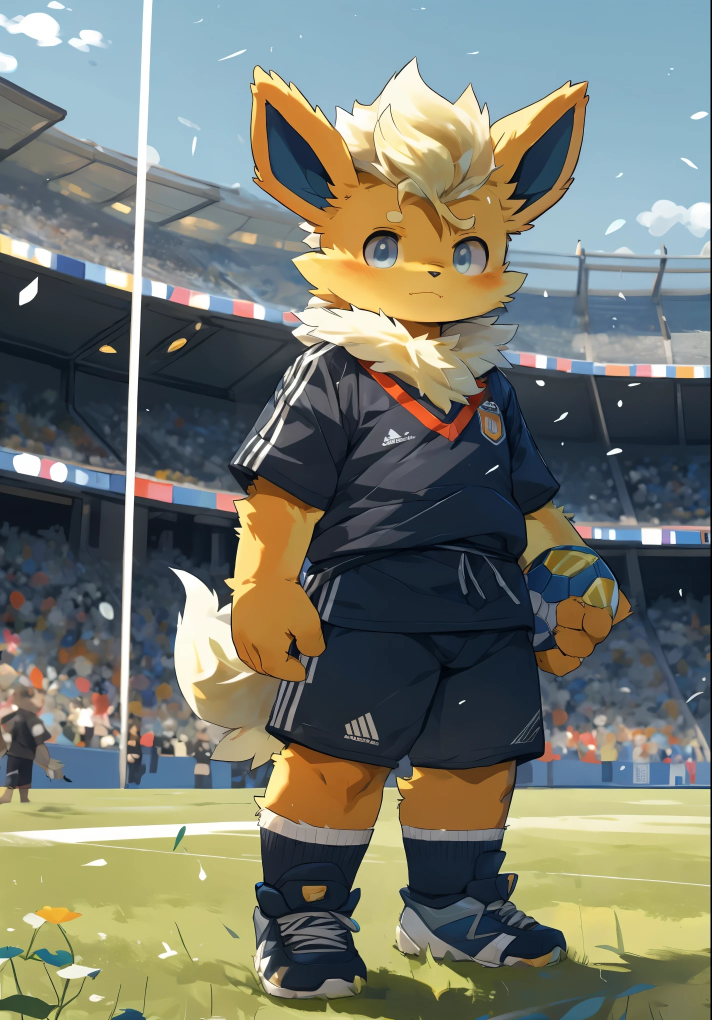 masterpiece，high quality，ridiculous resolution，number\（a work of art\），dagasi，Kiyoyama,（fluffy fur：1.1），（brightness：0.8）， freon, （black eyes，hairy all over，cat nose：1.2），Eyes have brightness，panoramic，Character focus。Detailed background，（red soccer uniform，sweat，：1.2），male，flareon, flareon male, Opaque white socks，football field，playing soccer, express enjoyment，Clothes soaked with sweat，very suitable, Protruding crotch, Lively，Lovely，masterpiece,high quality,abstract research,number\(artwork\), Yes, (Hana Charcoal,fluffy fur,Character focus:1.1), short hair,portrait , eyes are very bright, panoramic, Character focus.(Detailed background:0.7), 