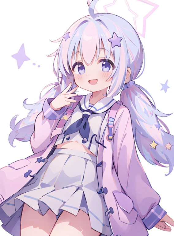 masterpiece, best quality,  1girl, solo, star hair ornament, star \(symbol\), low twintails, halo, bangs, long hair, white background, blush, smile, hand up, sparkle,