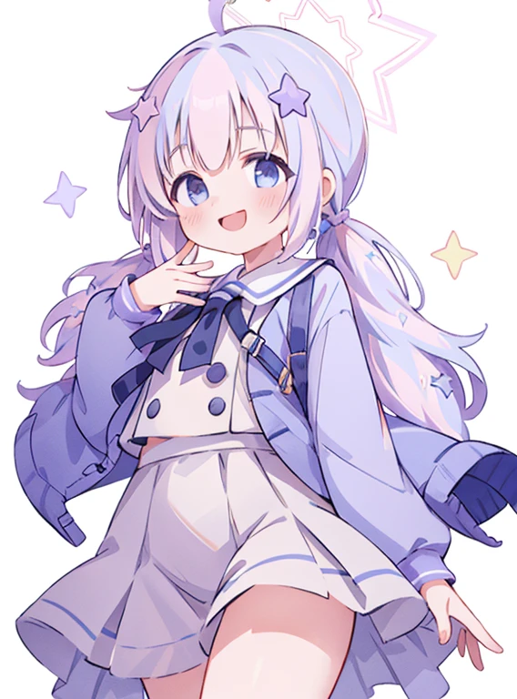 masterpiece, best quality,  1girl, solo, star hair ornament, star \(symbol\), low twintails, halo, bangs, long hair, white background, blush, smile, hand up, sparkle,