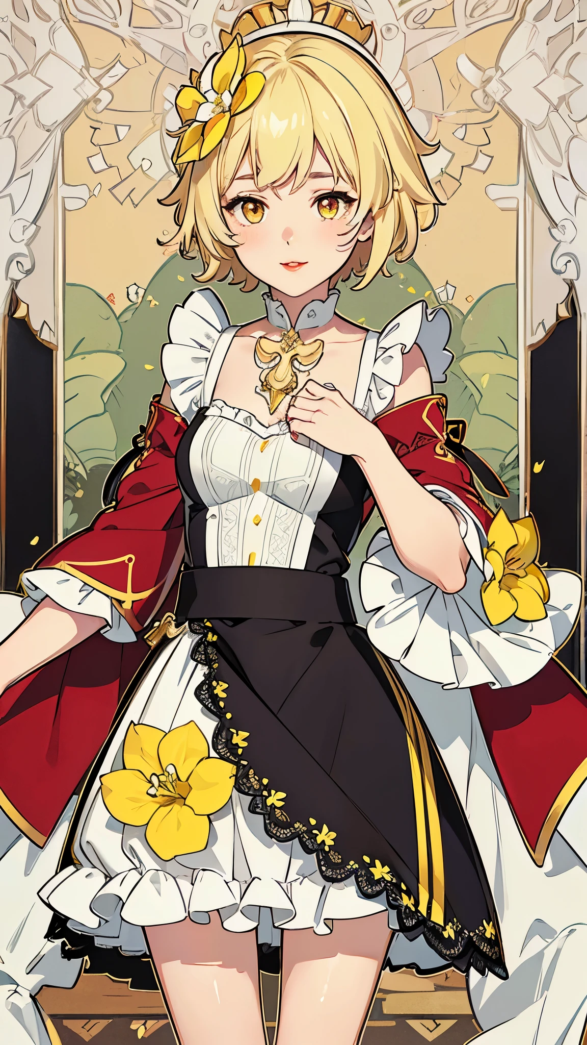 (absurdres, highres, ultra detailed), masterpiece, lumine (genshin), ((solo)), 1girl,medium breasts, long Yellow victorian style dress, closed mouth, (((short hair))),standing, the bodice and the skirt pattern, frill skirt, lace, blink blink effect, (((detailed lips))), garden, pink and yellow flowers, ((realistic skin)), glowing skin, ((glossy red lips)) yellow eyes, portrait, beautiful, smile,