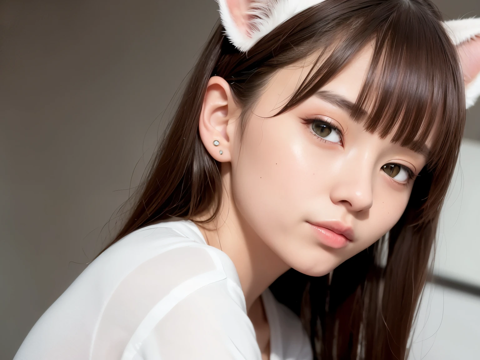 (Raw photography、top-quality)、(realisitic)、(Cat's ears:1.2)、top-quality、masterpiece、extremely delicate and beautiful、ighly detailed、nffsw、Unity、2k wallpaper、detaile、masterpiece、top-quality、huge filesize、ultra-detailliert、hight resolution、ighly detailed、1girl in、Slim body、(Short sleeved shirt:1.1)、(uniformss:1.1)、(pleatedskirt:1.1)、Porcelain Skin、(Brown hair)、see the beholder、close up of face、straight haired、 extra detailed face, extremely detailed eye, Smile, Sateen ,