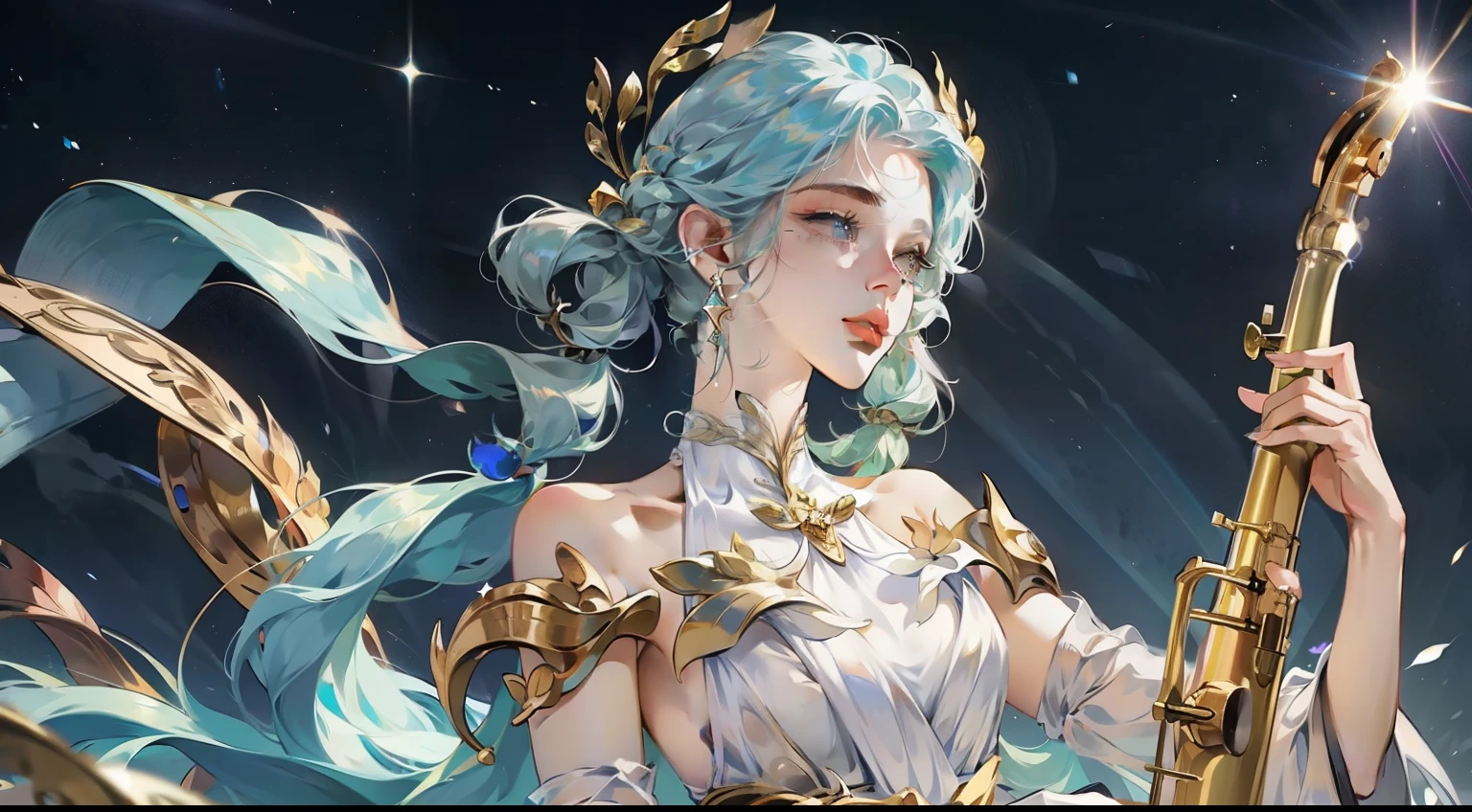 3d，King of Glory，New hero skin，change，heroine，Athena pictures，Dynamic，Correct light and dark lighting，设计一款King of Glory貂蝉绝世的新皮肤 masterpiece, best quality, Long flowing rainbow hair, blue, and green, masterpiece, best quality at best, light, saxophone blue, platinum earrings, platinum necklace, white dress,(dynamic lighting:1.2), light, Exquisite facial features, delicate eyes, sharp pupils,
