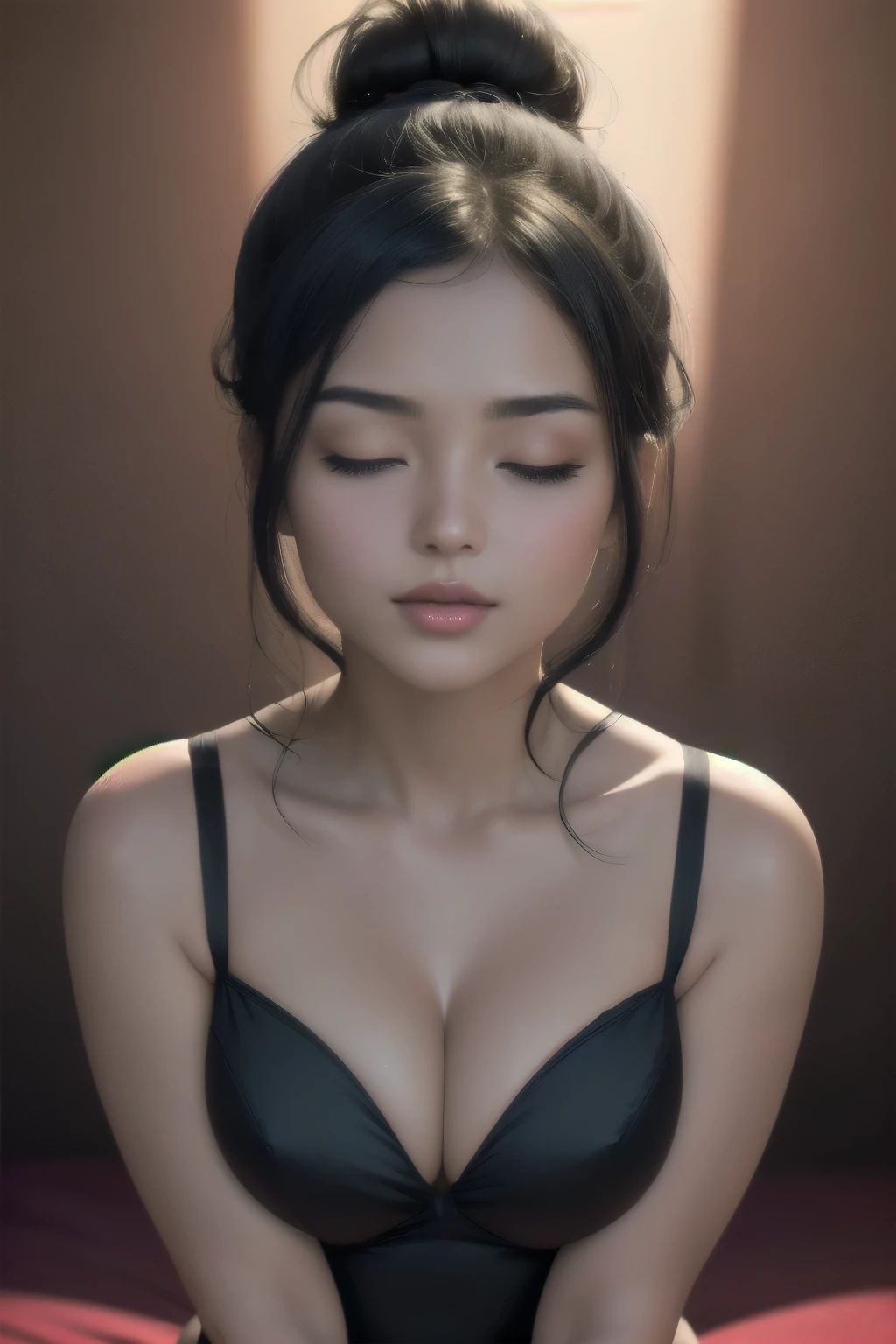 (best quality,4k,8k,highres,masterpiece:1.2),ultra-detailed,(realistic,photorealistic,photo-realistic:1.37),sexy woman,black hair tied in a bun,seductive gaze,blushing intensely,parted lips,flustered,lustful,black bra,stripped red dress,bare shoulders,medium chest,cleavage,luxurious texture,shiny silk,smooth satin,gorgeous flowing fabric,feminine curves,playful,tempting smile,intense eye contact,alluring pose,sultry atmosphere,powerful aura,seductively lit,soft diffused light,colorful background,warm tones,subtle shadows,sensual atmosphere,passionate energy,enticing vibes,lustful desires,provocative elegance,intimate mood,artistic nude,erotic art