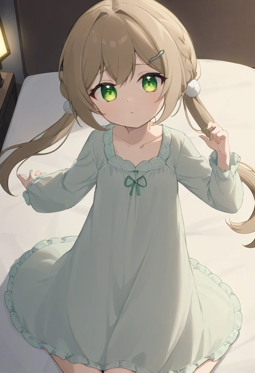 qingque girl,low twintails,green eyes,light brown hair,nightgown