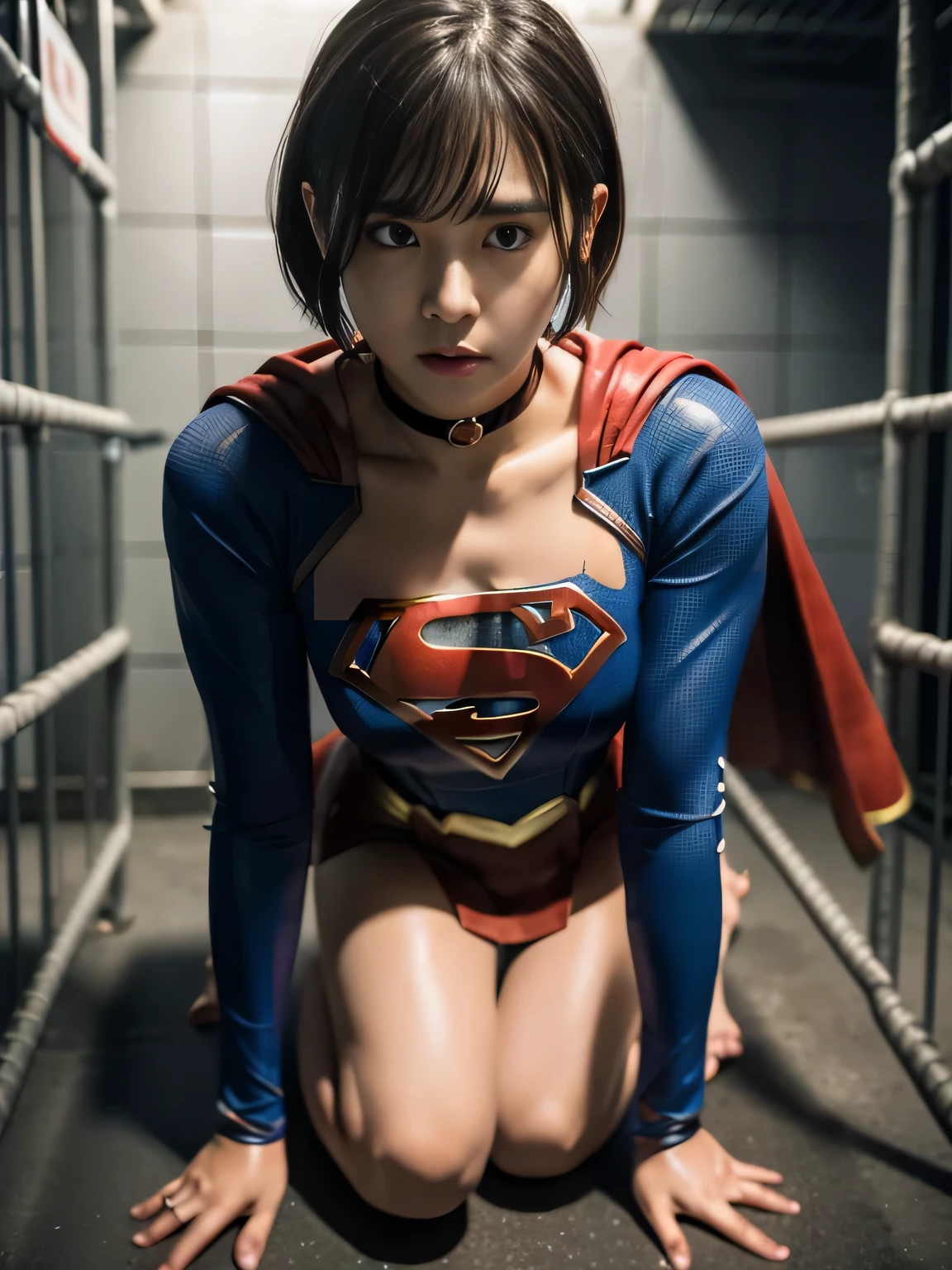 masterpiece、supergirl costume、short hair、barefoot、Big and full breast station、Crisis situation、prison、in a cage、sense of abuse、kneel down、sweaty、shiny、looking at camera、Seduce、choker、long sleeve、red sexy pose、POW camps、humiliating、