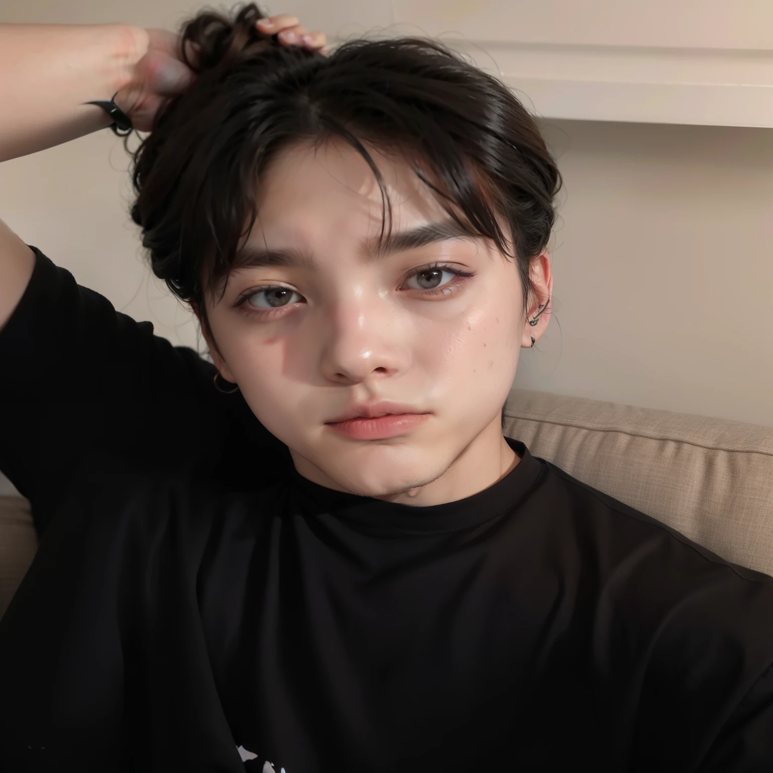 edgy man in black shirt sitting on a sofa with his hair tied in a bun, Jungkook, adorable and pale korean face, ele tem 3 5 anos, Cai Xukun, Yoongi de cabelo preto, ele tem cerca de 2 5 anos, ele tem cerca de 2 0 anos, ele tem cerca de 20 anos, hyung tae, he has an elongated head shape