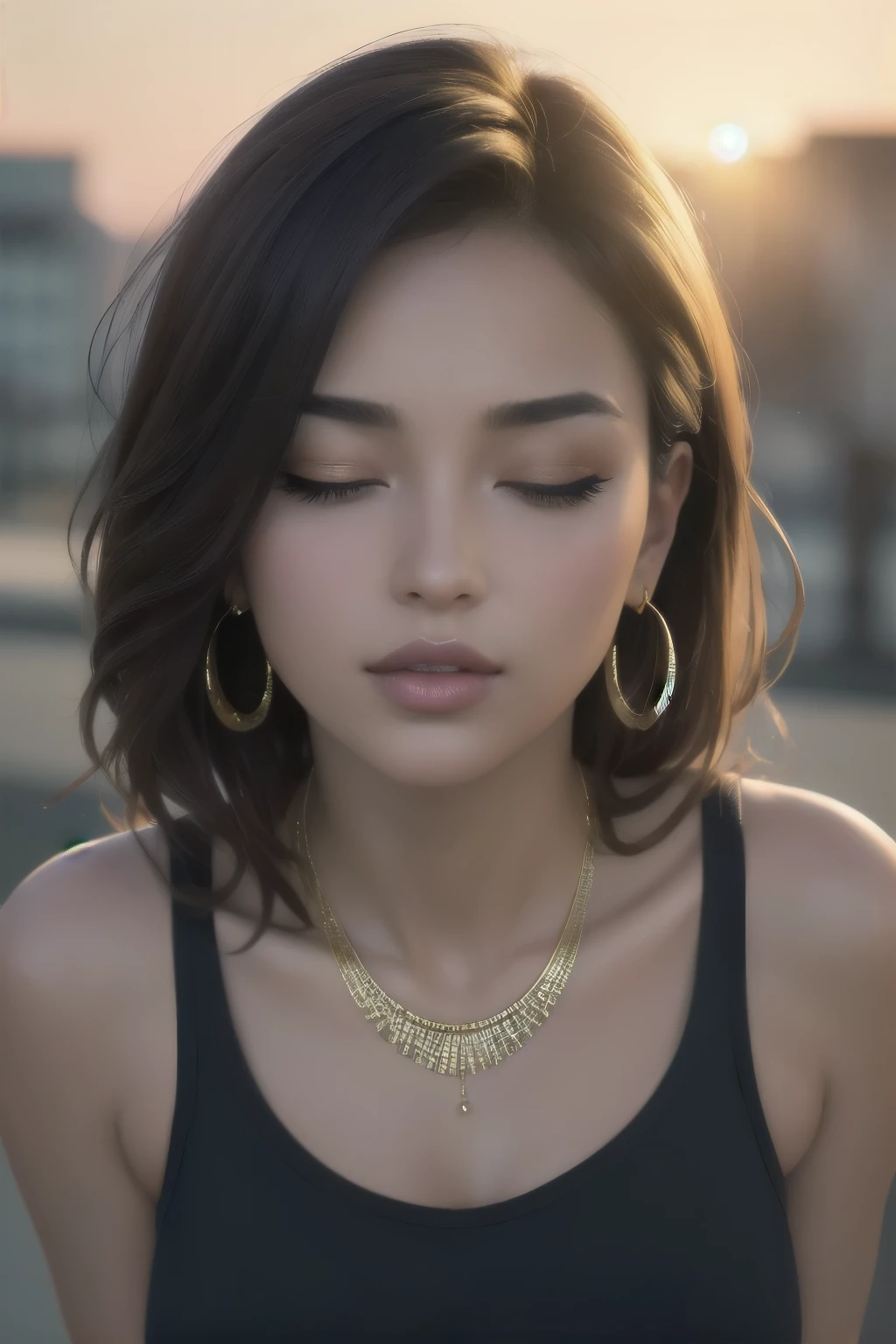 (best quality,4k,8k,highres,masterpiece:1.2),ultra-detailed,(realistic,photorealistic,photo-realistic:1.37),sexy woman,beautiful detailed eyes,beautiful detailed lips,long eyelashes,short brown hair,middle part,lots of makeup,perfect red lips,loose blue tank top,black short shorts,confident pose,fierce expression,intense gaze,sun-kissed skin,gold jewelry,earrings,necklace,stacked bracelets,stylish,urban background,vibrant colors,magical lighting