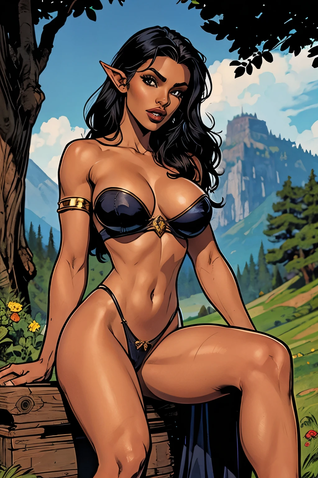 A female Dark Elf,cabelos azuis escuros longos e sedosos,olhos azuis,orelhas de elfo, thin lips, rosto redondo,seios grandes,tom de pele moreno, usando roupas elegantes de maga(busto coberto), imposing and beautiful,sitting on her rustic and elegant throne from the middle ages,dark skin of a dark female elf,no mesmo estilo da elfa negra Arshes de Bastard, roupas cobrem seu corpo,"SFW"
