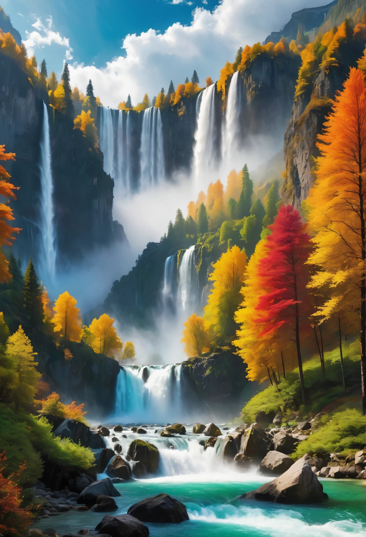 best quality,4k,highres,masterpiece:1.2,ultra-detailed,realistic:1.37,impressive,awe-inspiring, majestic, powerful, magnificent waterfalls, stunning view, layers of cascades and mist, picturesque, breathtaking, powerful torrent, roaring water, natural wonder, serene beauty, dramatic landscape, panoramic view, incredible force, pristine nature, incredible depth, crystal-clear water, intense energy, captivating scene, extraordinary colors, brilliant rainbow, iconic landmark, world-renowned attraction, magnificent spectacle, extraordinary display, timeless beauty, legendary landmark, majestic beauty, unparalleled grandeur, remarkable sight, natural masterpiece, awe-inspiring beauty, sublime experience, transcendent artistry, stunningly detailed, dynamic composition, seamless blending of elements, dynamic lighting, ethereal atmosphere, vivid color palette