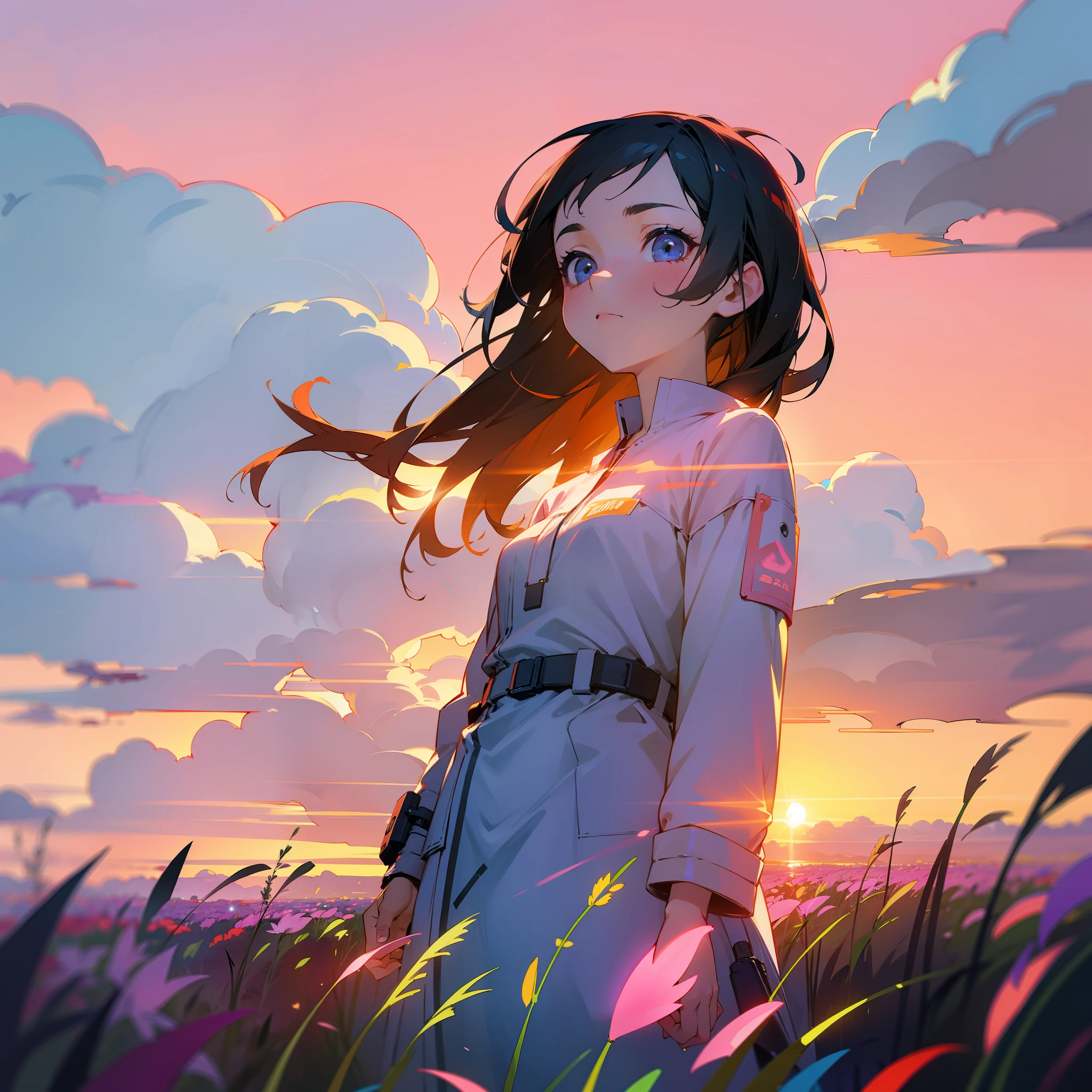 girl standing in field of neon flowers, detailed face, mid shot, clouds, sunrise