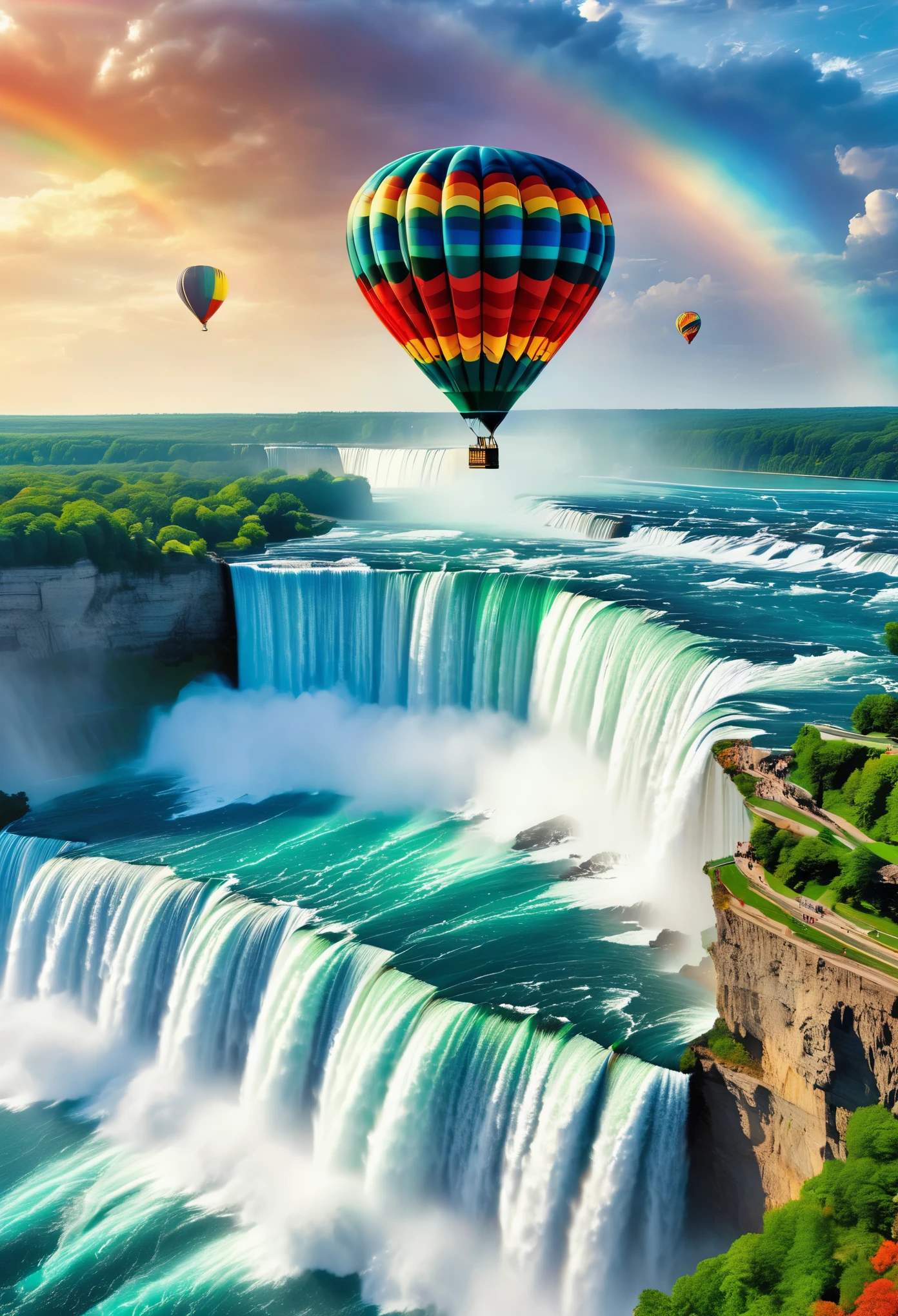 beautiful scenery，Niagara Waterfall，Majestic，Layers，strength，Clear water，Hot air balloon in the distance，rainbow，masterpiece, super detailed, epic work, best quality, 4k，
