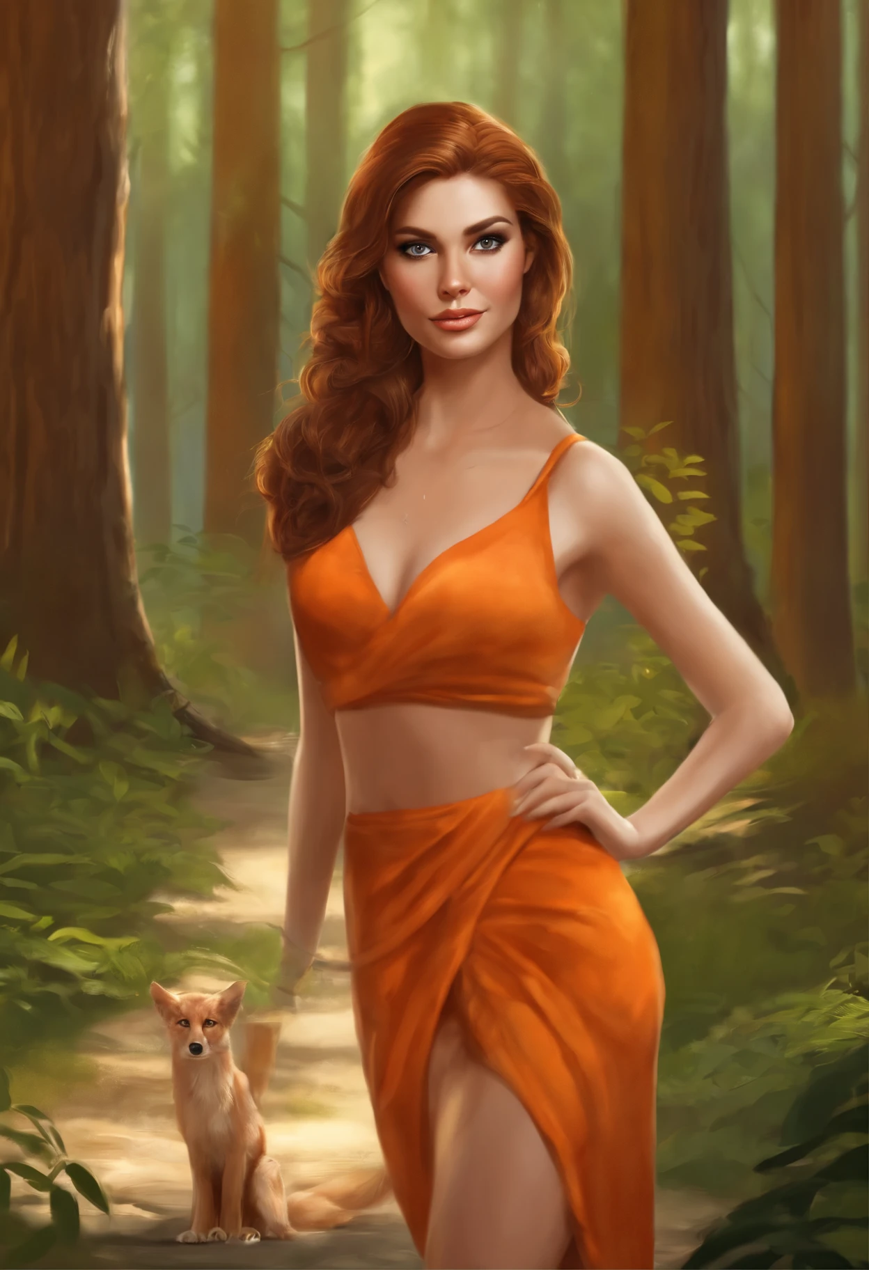 2d illustration,una chica alta,con brazos tonificados, Hybrid, orejas y cola de lobo,piel morena, cabello blanco, largo y liso,ojos de color naranja. In a forest by day,con ropa de piel de animal.