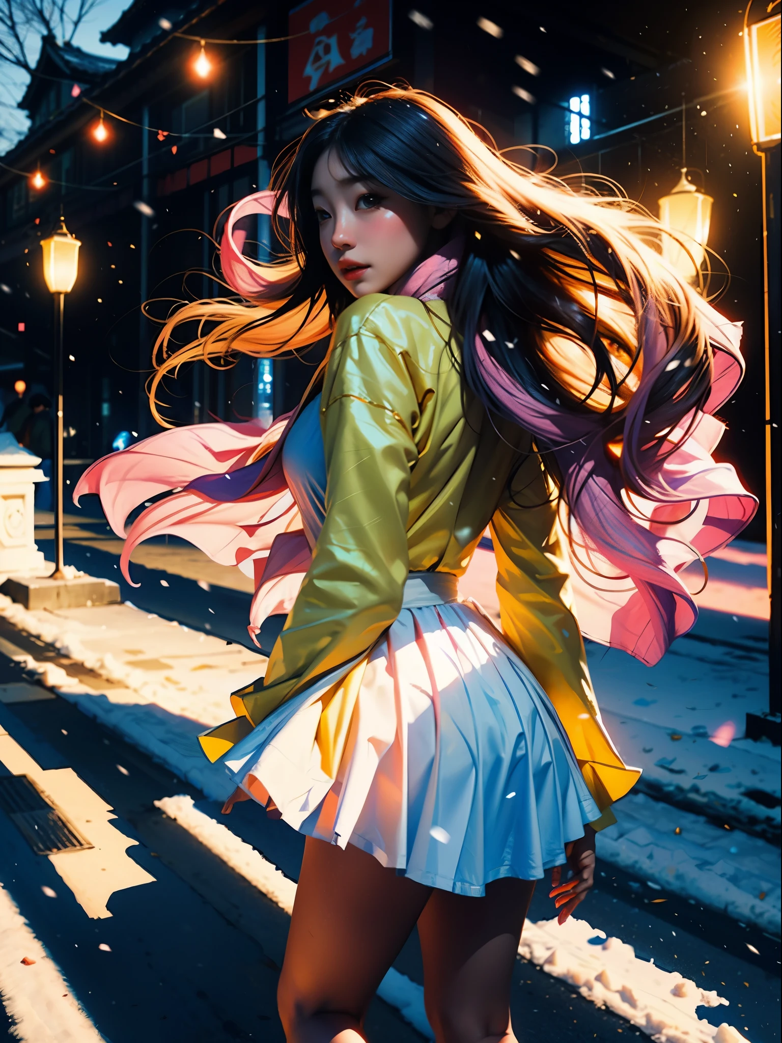 1girll,Tang dynasty ruffle skirt 1.3,blue yellow pink white,Soft Light 1.3,Backlight 1.3,Light and shadow 1.3,Light color 1.3,snowy