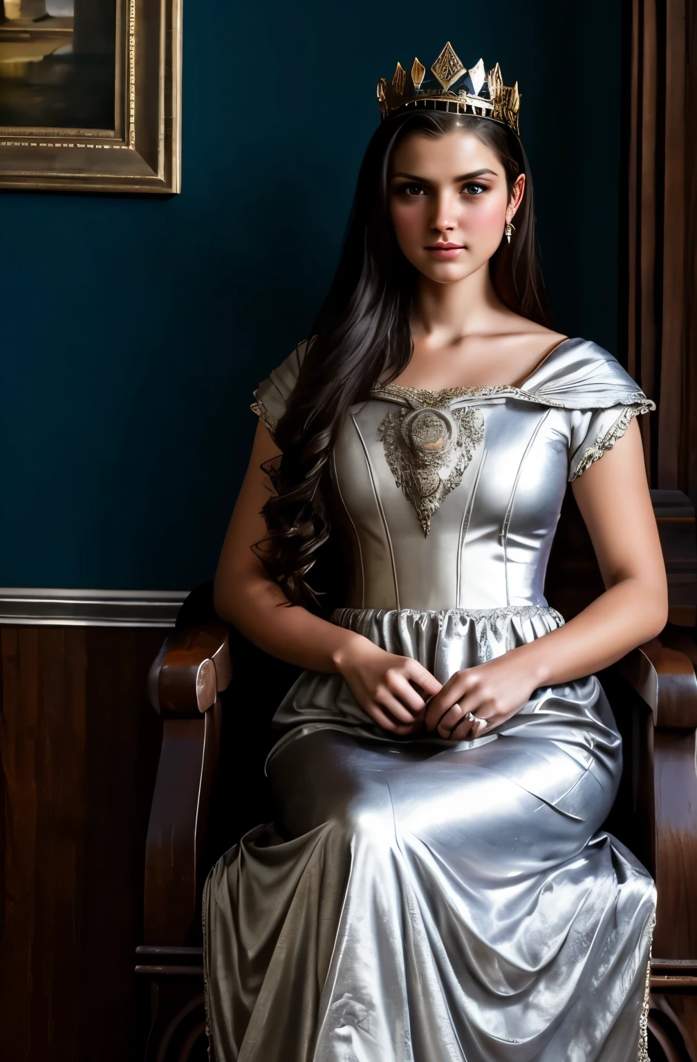 portrait, girl, middle ages, classicism, andrey atroshenko style, painting, traditional media, realistic, figurative, fine art, oil on canvas, HDR, 8K, original character, high resolution, high detail, focus on the face, COXAS GROSSAS, PERNAS LONGAS E BELAS, DONZELA JOVEM, MUSA, PRINCESA MEDIVAL, middle Ages, ARMADURA DE PRATA, VESTIDO DE PRATA, SENTADA, PERNAS DESCOBERTAS, SENTADA EM UM TRONO, SENTADA DE LADO, CENTRO DA IMAGEM, IMAGEM CENTRAL, VESTIDO PRATEADO, OMBREIRAS DE PRATA, SILVER FURNITURE AROUND, VESTIDO DE PRATA, PERNAS A MOSTRA, VESTIDO DECOTADO, COROA DE PRATA, PRINCESA DE PRATA, CABELOS PRATEADOS, ESCANDINAVA, PELE BRANCA, EUROPA MEDIEVAL1300, german, FILANDESA, NACIONALIDADE IRLANDESA, AUSTRIAN NATIONALITY, EUROPA ANTIGA, ARMADURA DE PRATA