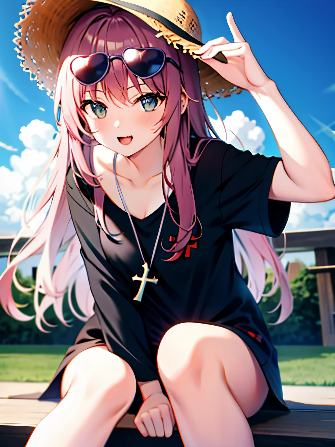 girl,(Angle from below),Long T-shirt,((putting sunglasses on your head)),(bite an apple),(boyish hat),((sitting cross-legged)),close up of face,