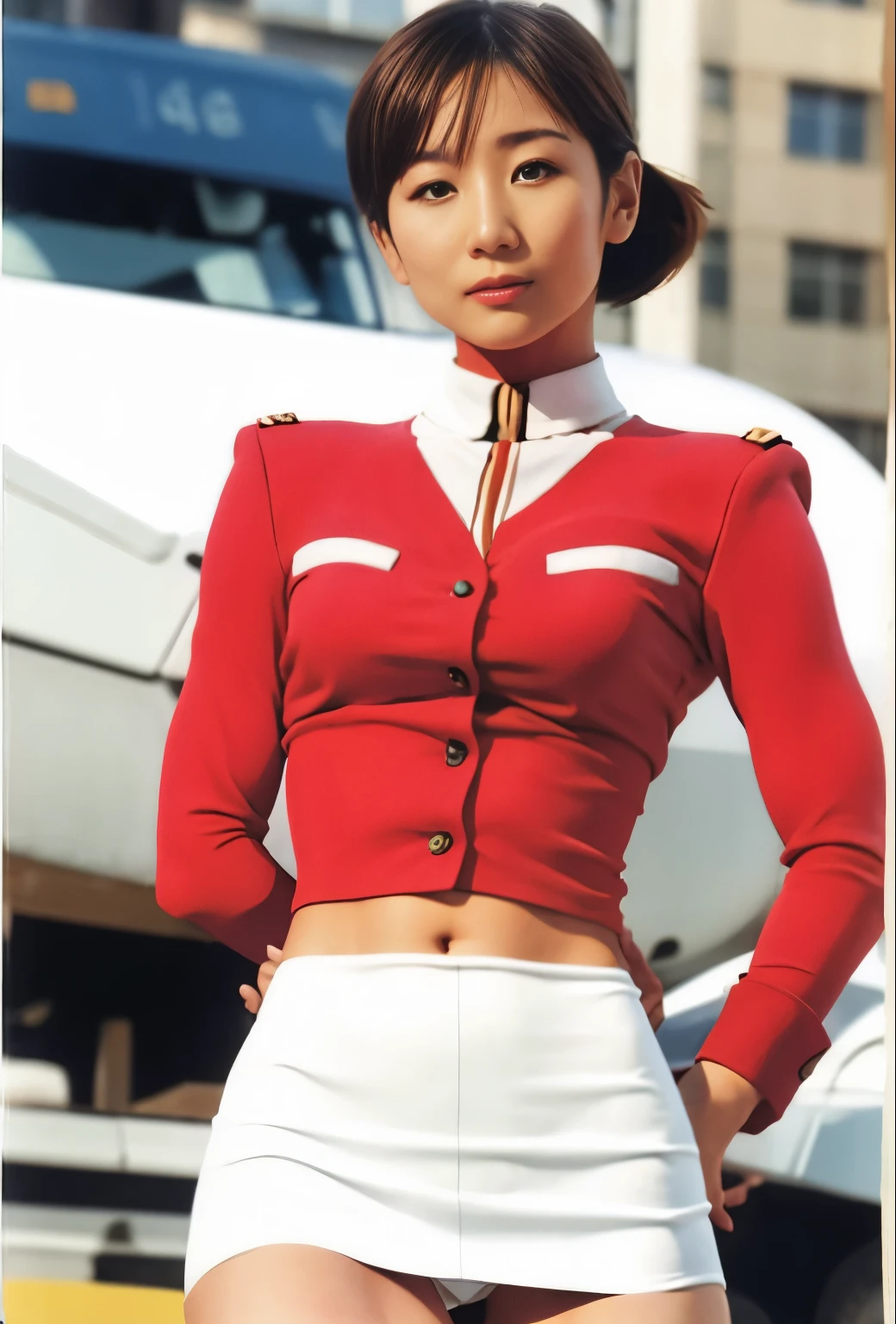 real photos、Highest image quality、beautiful woman、beautiful thighs、beautiful face、（Minami Tanaka:1.3）、real image、federal army uniform miniskirt、ponytail、Minami Tanaka16age、Body-con federal military uniform、16age日本人女性、Frau Bow、cute girl、white pantiesが丸見え、1６age、（white panties:1.3）、super mini skirt、beautiful thighs、white panties、赤いミニスカートがめくれてwhite pantiesが見えてる