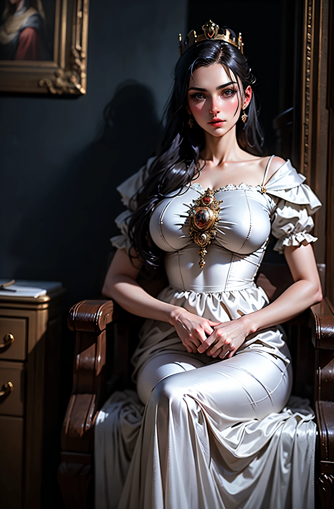 portrait, girl, middle ages, classicism, andrey atroshenko style, painting, traditional media, realistic, figurative, fine art, oil on canvas, HDR, 8K, original character, high resolution, high detail, focus on the face, COXAS GROSSAS, PERNAS LONGAS E BELAS, DONZELA JOVEM, MUSA, PRINCESA MEDIVAL, middle Ages, ARMADURA DE PRATA, VESTIDO DE PRATA, SENTADA, PERNAS DESCOBERTAS, SENTADA EM UM TRONO, SENTADA DE LADO, CENTRO DA IMAGEM, IMAGEM CENTRAL, VESTIDO PRATEADO, OMBREIRAS DE PRATA, SILVER FURNITURE AROUND, VESTIDO DE PRATA, PERNAS A MOSTRA, VESTIDO DECOTADO, COROA DE PRATA, PRINCESA DE PRATA, CABELOS PRATEADOS, ESCANDINAVA, PELE BRANCA, EUROPA MEDIEVAL1300, german, FILANDESA, NACIONALIDADE IRLANDESA, AUSTRIAN NATIONALITY, EUROPA ANTIGA, ARMADURA DE PRATA
