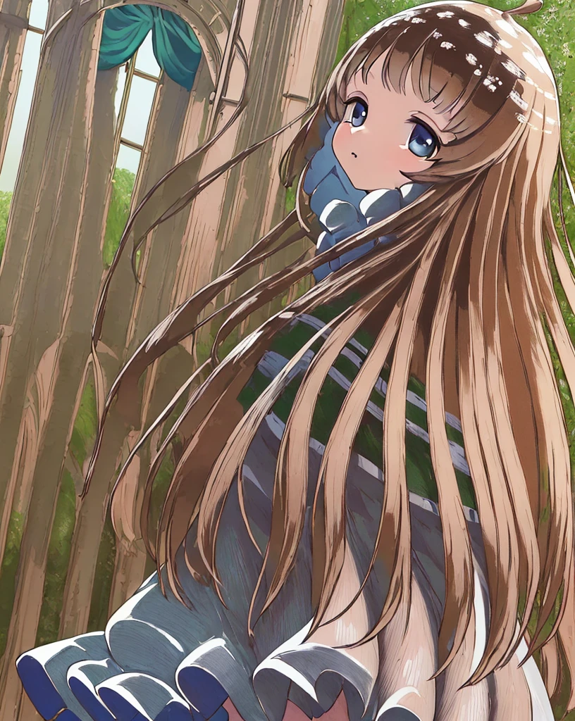 ((masterpiece)),(((best quality))), ((ultra-detailed)), ((illustration)), masterpiece, best quality, highres, {beautiful detailed eyes}, finely detail, 4k wallpaper, beautiful detailed eyes, 
1girl, solo,  (school uniform:1.0), wearing white thighhighs, (endlessly growing absurdly long brown hair:1.0), blue eyes, (standing in a garden:1.0), wariza, ahoge, green school uniform