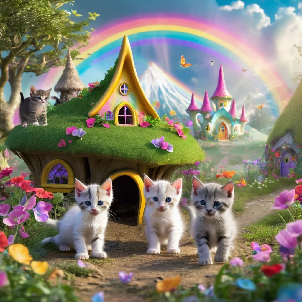 Kittens playing in a fairy village chasing and eating fairies. Rainbows in the back ground.