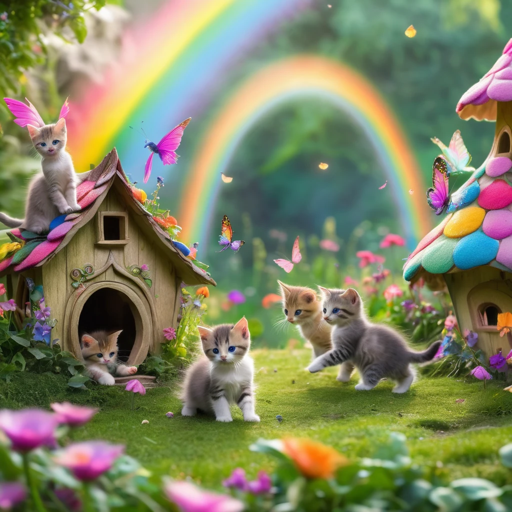 Kittens playing in a fairy village chasing and eating fairies. Rainbows in the back ground.