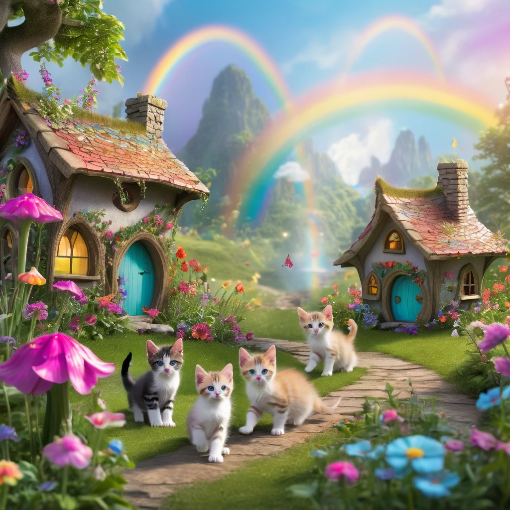 Kittens playing in a fairy village chasing and eating fairies. Rainbows in the back ground.