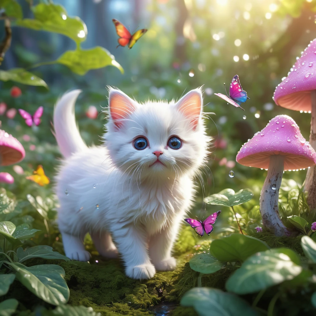 best quality,4k,8k,highres,masterpiece:1.2,ultra-detailed,realistic:1.37,Kittens playing in a fairy village,firefly-like bright twinkling lights,floating colorful butterflies,playful fairies with shimmering wings,enchanted mushroom houses,squishy marshmallow clouds,happy and mischievous expressions,sparkling eyes and cute pink noses,fluffy fur with delicate patterns,ubiquitous rainbows in the back ground,soft sunlight casting a warm glow,fresh dew drops on the leaves,delightful laughter and playful purring,chasing and meowing,excitement and joy in the air