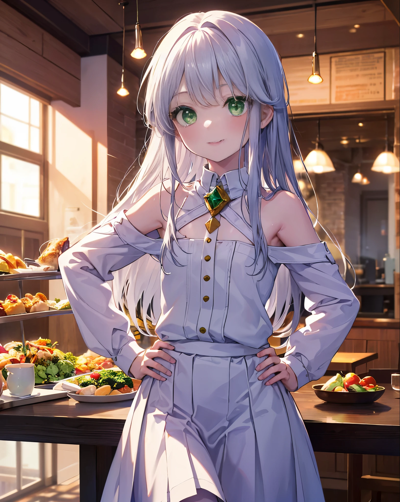 index, index, (green eyes:1.5), silver hair, long hair, (flat chest:1.2),smile,blush,bossy,she was wearing a maid'S long skirt, white stockings on her legs,put both hands on hips,stand with respect,bare shoulders,look up from below,there's a lot of food on the table, break looking at viewer, Upper body, whole body, break indoors, restaurant,viking, break (masterpiece:1.2), highest quality, High resolution, unity 8k wallpaper, (shape:0.8), (thin and beautiful eyes:1.6), highly detailed face, perfect lighting, Very detailed CG, (perfect hands, perfect anatomy),