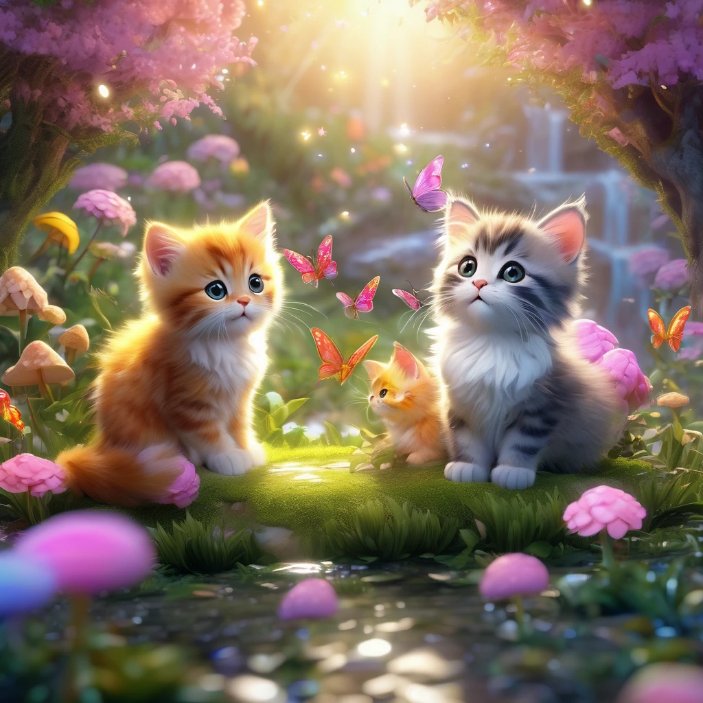 best quality,4k,8k,highres,masterpiece:1.2,ultra-detailed,realistic:1.37,Kittens playing in a fairy village,firefly-like bright twinkling lights,floating colorful butterflies,playful fairies with shimmering wings,enchanted mushroom houses,squishy marshmallow clouds,happy and mischievous expressions,sparkling eyes and cute pink noses,fluffy fur with delicate patterns,ubiquitous rainbows in the back ground,soft sunlight casting a warm glow,fresh dew drops on the leaves,delightful laughter and playful purring,chasing and meowing,excitement and joy in the air