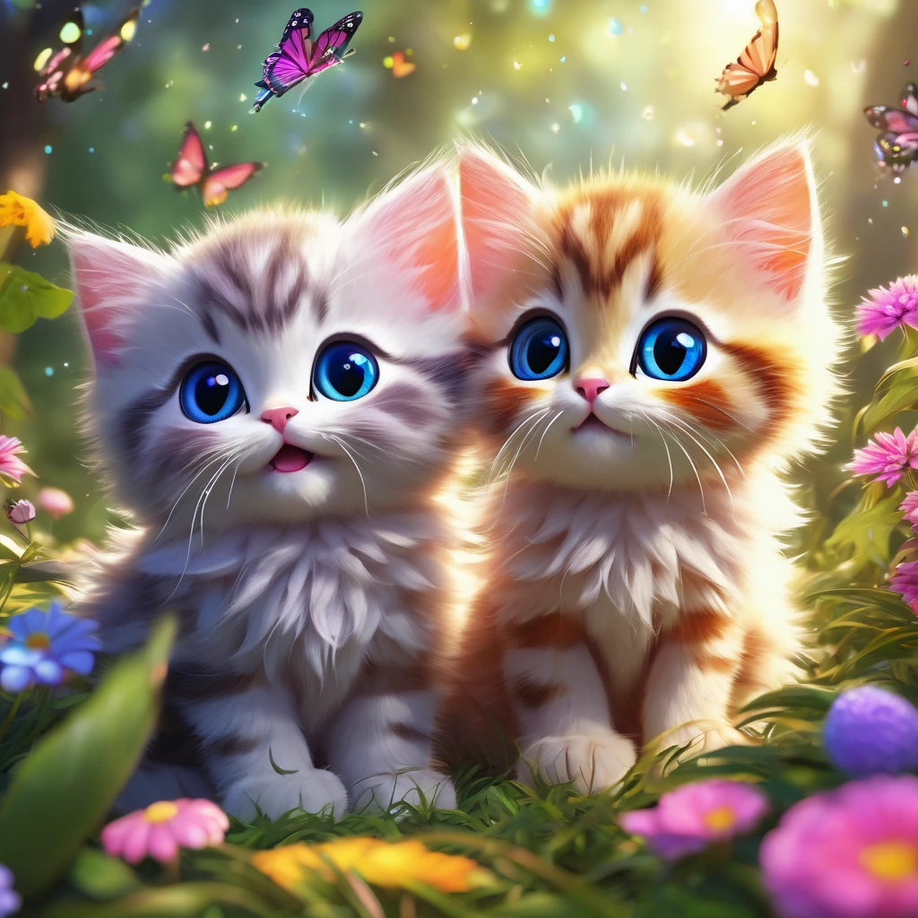 best quality,4k,8k,highres,masterpiece:1.2,ultra-detailed,realistic:1.37,Kittens playing in a fairy village,firefly-like bright twinkling lights,floating colorful butterflies,playful fairies with shimmering wings,enchanted mushroom houses,squishy marshmallow clouds,happy and mischievous expressions,sparkling eyes and cute pink noses,fluffy fur with delicate patterns,ubiquitous rainbows in the back ground,soft sunlight casting a warm glow,fresh dew drops on the leaves,delightful laughter and playful purring,chasing and meowing,excitement and joy in the air