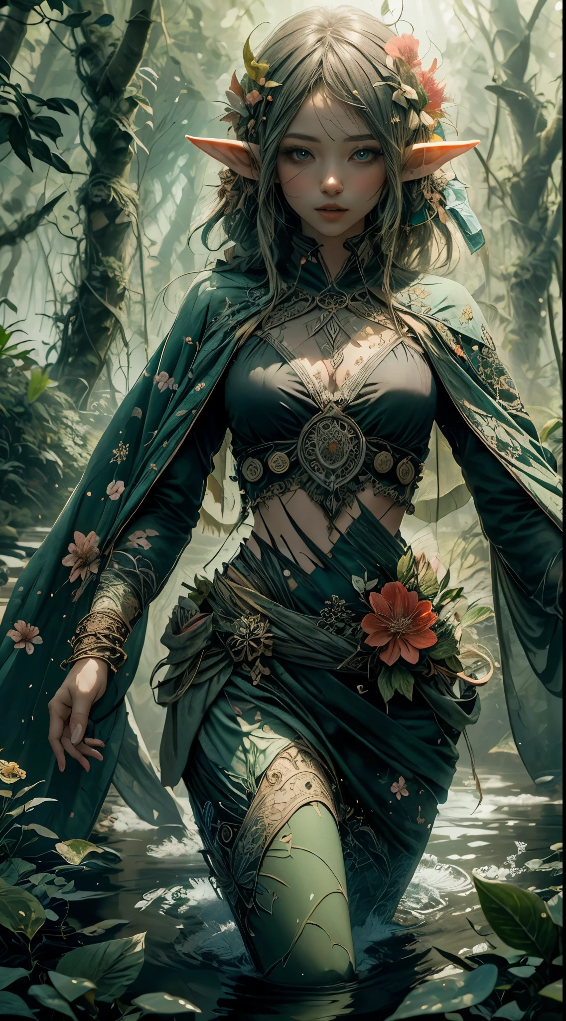 1sexy girl，in the forest，bathing in the river, flowers, Leaves, mandala, fractal, forest elf，divine light，complete female body,Ray tracing，motion blur，smoke effect，morning light，4k，HD，extremely high detail