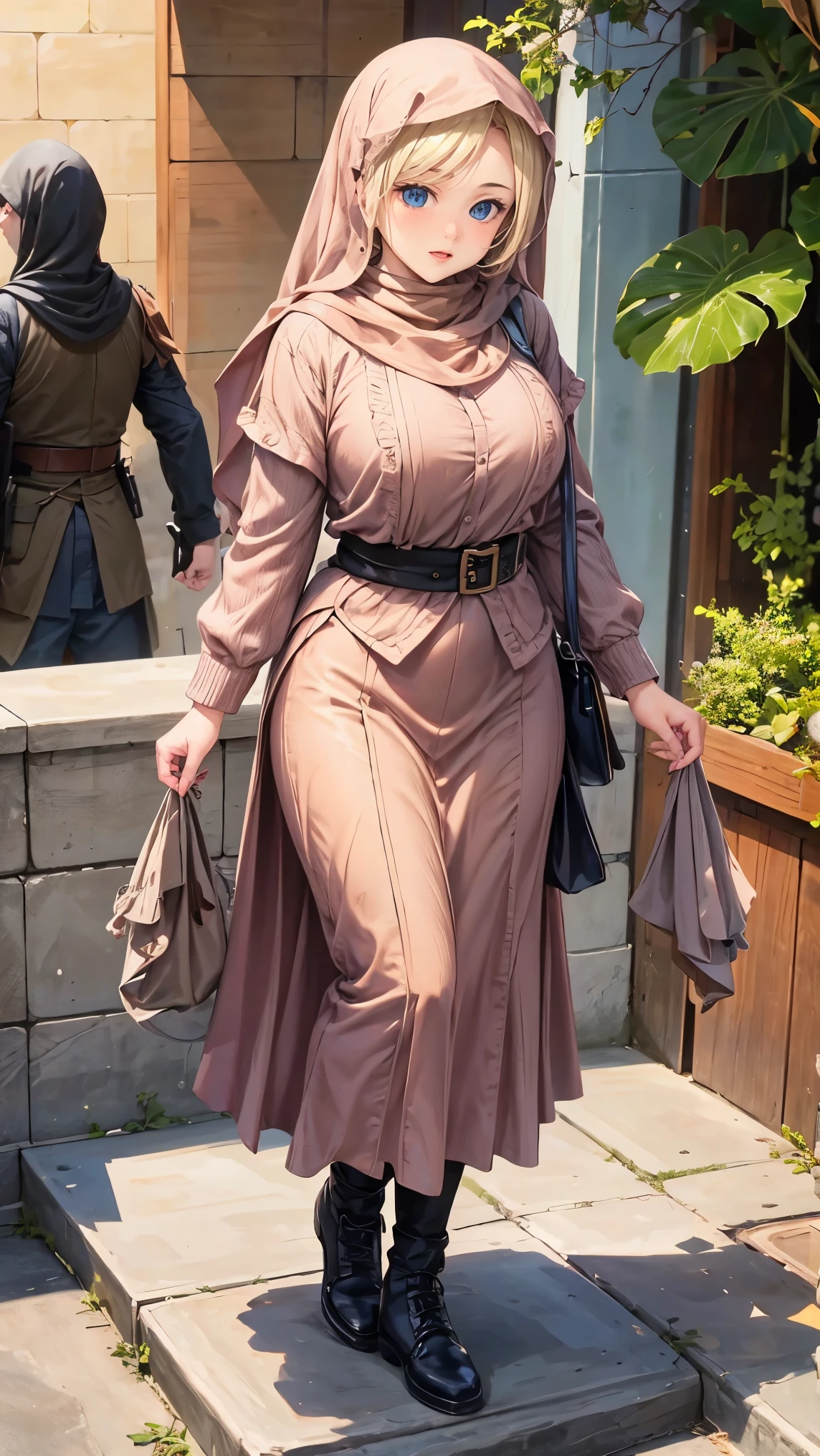 Pretty hijab girl, army of king, masterpiece, UHD, super detailed, super realistic. (((full body view))). Women knight. Great design costum. Background sands. Day light. Various live action pose. Beautiful hijab, closed thick hijab dress.