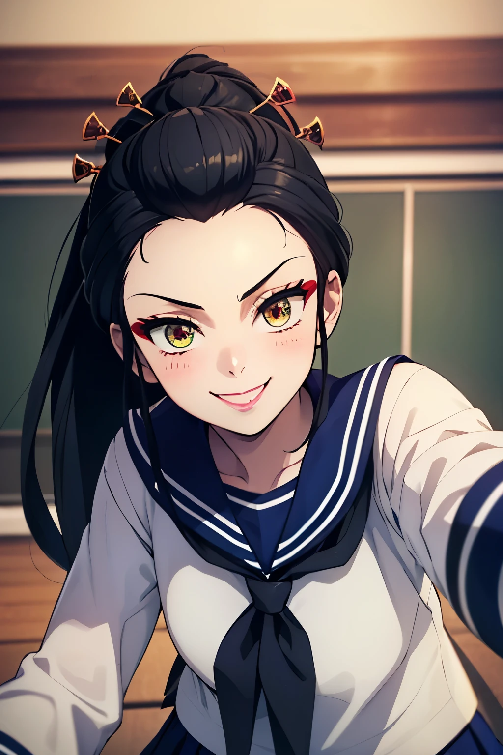 masterpiece,hyper quality, very detailed, perfect picture, CG, 3D, 8k, shape, Demon slayer, Fallen Princess, beautiful face girl, one beautiful girl, スリーサイズ B90W60H95, Droopy eyes but cute, Also々Cute but cute expression, blush, (best smile:1.3), black hair, ponytail, Upper body (navy blue sailor suit:1.3), (school uniform:1.3), long sleeve, (navy pleated skirt:1.3), white tie, (bends over:1.3)