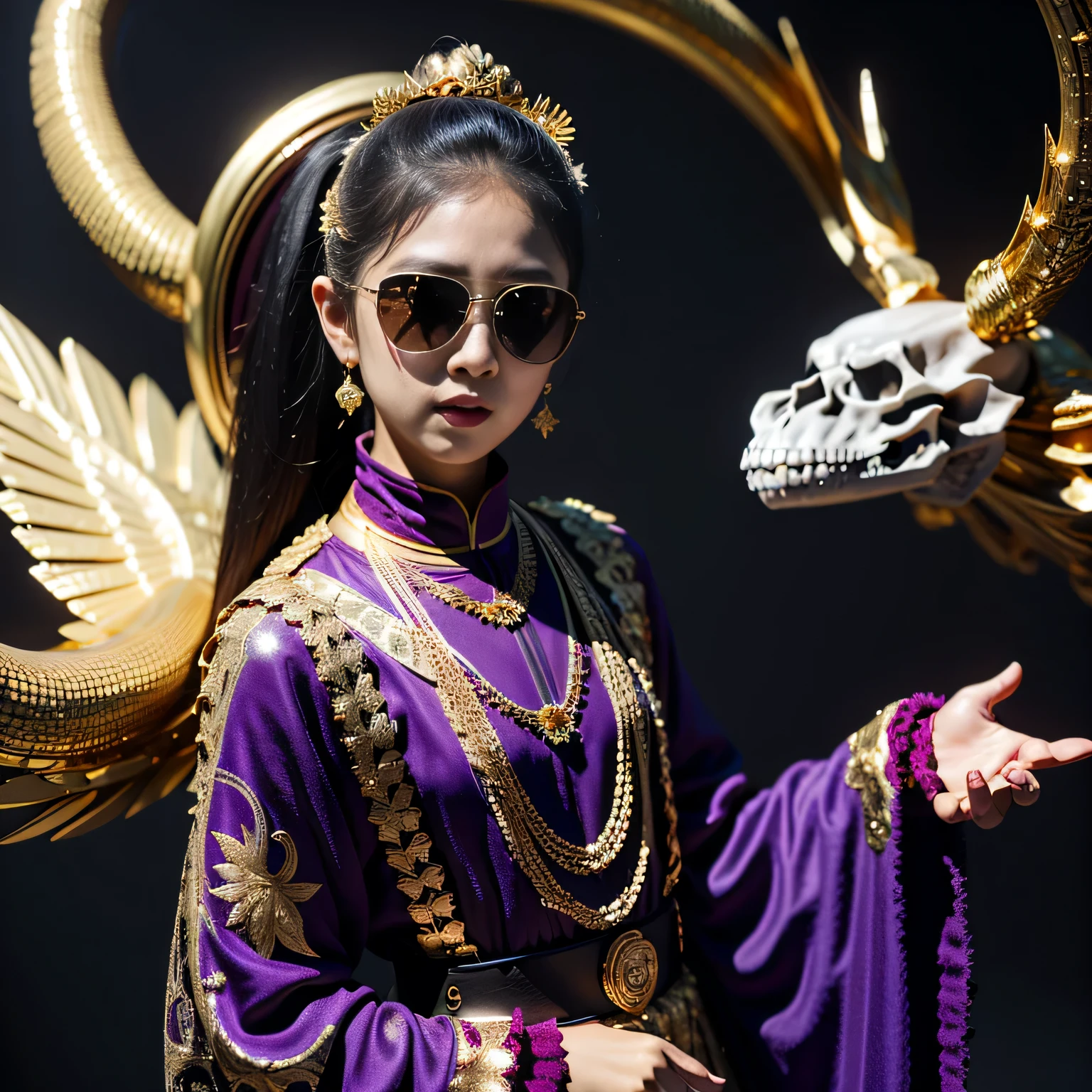 On snowy nights,32k(masterpiece,HD,Ultra high quality,32k)Purple-pink double ponytail,flower stick,Indigo Skull King ,mahogany steering wheel (The skeleton is very realistic:1.4),crocodile print robe,Rusty skull ornaments,Sand gold linen cloak,petals flying,Deep gold sunglasses,Hold your head high,worthy of pride,Look at people through nostrils,A primary and secondary school student, high resolution,Xueba, detail, RAW photos, Sharp Re, Nikon D850 film photo by Jefferies Lee 4 Kodak Portra 400 camera F1.6 guns, colorful, Ultra-realistic and vivid textures, dramatic lighting, Unreal Engine Art Station Trend, Sinest 800,Hold your head high,side,worthy of pride,Look at people through nostrils,arrogant,petals flying,petals flying,Gold dusted crocodile,Fluttering,Impeccable,( Reasonable design, clear lines, HD definition,best quality, Very detailed skeleton, skeleton of masterpiece, official art, Lighting effects, 8K crocodile skeleton(((Platinum marble sunglasses)))Deep gold sunglasses,sideportrait