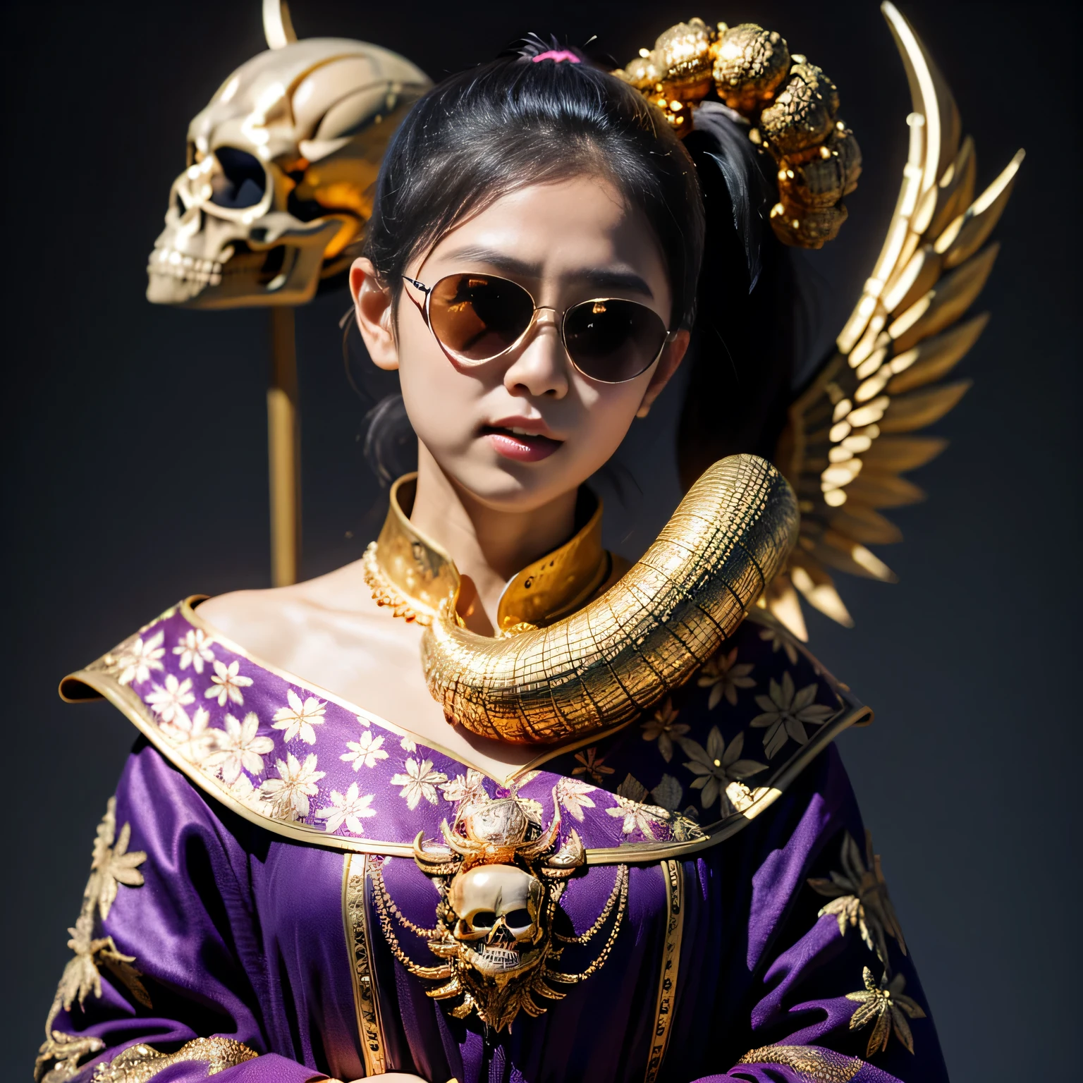 On snowy nights,32k(masterpiece,HD,Ultra high quality,32k)Purple-pink double ponytail,flower stick,Indigo Skull King ,mahogany steering wheel (The skeleton is very realistic:1.4),crocodile print robe,Rusty skull ornaments,Sand gold linen cloak,petals flying,Deep gold sunglasses,Hold your head high,worthy of pride,Look at people through nostrils,A primary and secondary school student, high resolution,Xueba, detail, RAW photos, Sharp Re, Nikon D850 film photo by Jefferies Lee 4 Kodak Portra 400 camera F1.6 guns, colorful, Ultra-realistic and vivid textures, dramatic lighting, Unreal Engine Art Station Trend, Sinest 800,Hold your head high,side,worthy of pride,Look at people through nostrils,arrogant,petals flying,petals flying,Gold dusted crocodile,Fluttering,Impeccable,( Reasonable design, clear lines, HD definition,best quality, Very detailed skeleton, skeleton of masterpiece, official art, Lighting effects, 8K crocodile skeleton(((Platinum marble sunglasses)))Deep gold sunglasses,sideportrait
