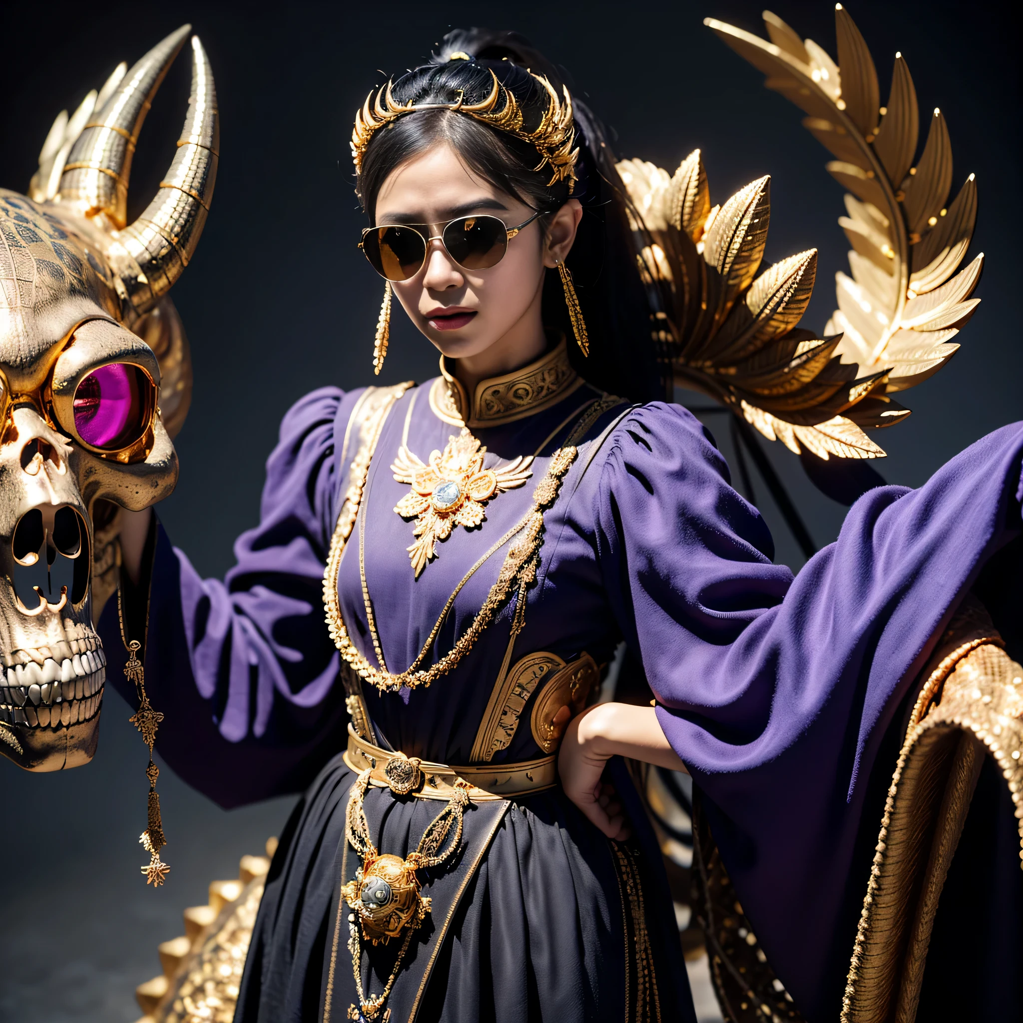 On snowy nights,32k(masterpiece,HD,Ultra high quality,32k)Purple-pink double ponytail,flower stick,Indigo Skull King ,mahogany steering wheel (The skeleton is very realistic:1.4),crocodile print robe,Rusty skull ornaments,Sand gold linen cloak,petals flying,Deep gold sunglasses,Hold your head high,worthy of pride,Look at people through nostrils,A primary and secondary school student, high resolution,Xueba, detail, RAW photos, Sharp Re, Nikon D850 film photo by Jefferies Lee 4 Kodak Portra 400 camera F1.6 guns, colorful, Ultra-realistic and vivid textures, dramatic lighting, Unreal Engine Art Station Trend, Sinest 800,Hold your head high,side,worthy of pride,Look at people through nostrils,arrogant,petals flying,petals flying,Gold dusted crocodile,Fluttering,Impeccable,( Reasonable design, clear lines, HD definition,best quality, Very detailed skeleton, skeleton of masterpiece, official art, Lighting effects, 8K crocodile skeleton(((Platinum marble sunglasses)))Deep gold sunglasses,sideportrait