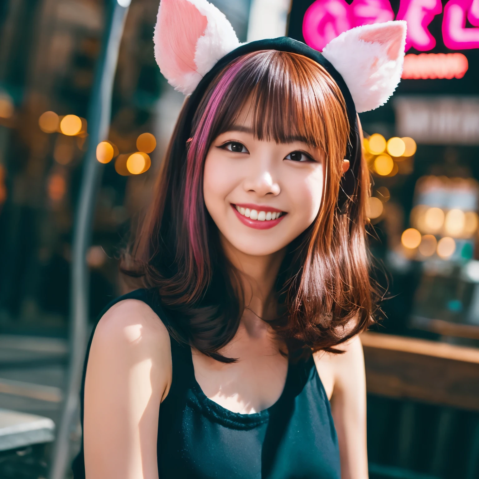 fake animal ears, light smile, ear blush, tooth, pink hair, bangs, curly hair, side blade, Hello, beret, animal ears, Cat ear, surrealism, cast a shadow, anaglyph, stereogram, tachi-e, throw, atmospheric perspective, 8k, Super detailed, Accurate, highest quality