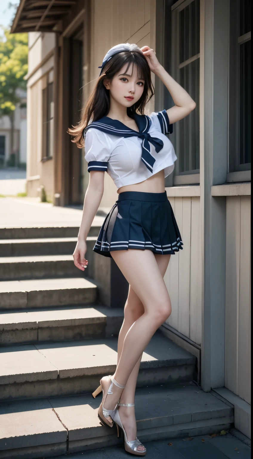 (highest quality:1.4), (hyper quality), (Super detailedな), 1 beautiful girl, So cute, wonderful face and eyes, Not aware of this, (Short-sleeved sailor uniform made of white and thin fabric, gray pleated micro mini skirt:1.5), (Beautiful and incredibly big breasts:1.3), (slender body:1.1), (skinny thin legs), (Very thin waist), belly button, realistic skin texture, bangs:1.3, bright and glossy lips, Beautiful goddess descends, beautiful background, golden ratio, conceptual art, Super detailed, Accurate, advanced details, outdoors, sexy art, Surrounded by the summer sunshine, bright light, Super delicate illustration details, 8K wallpaper that integrates high-definition CG, RAW photo, professional photos, cinematic lighting, written boundary depth, (No bra in uniform:1.2), (You can see the shape of the nipple protrusions through the uniform.:1.2), (The nipple protrusions lift the uniform), (Her big breasts make her uniform stretch out:1.2), I'm massaging my chest and getting stuffy, Cropped tops with fluttering hems:1.3, underboob:1.3, (High heels on bare feet)
