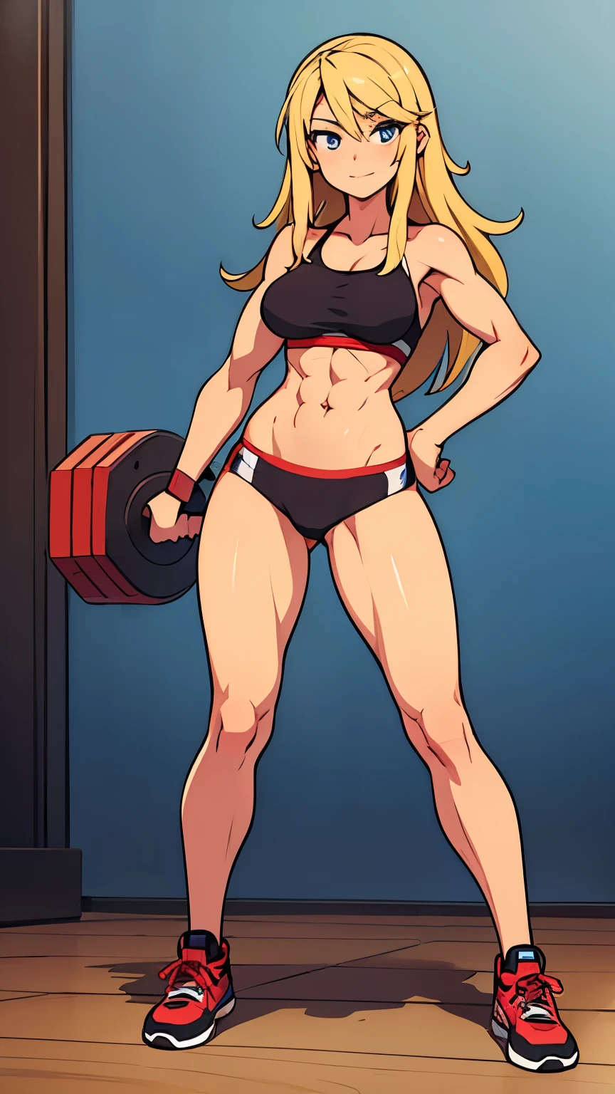 woman in a gym, well-defined body, gorgeous, pose, well datailed body, fitness girl, standing tall, erect pose, model fitness, skinny, red tennis, ultra detailed, better quality, relaxed arms, hands down, ankle