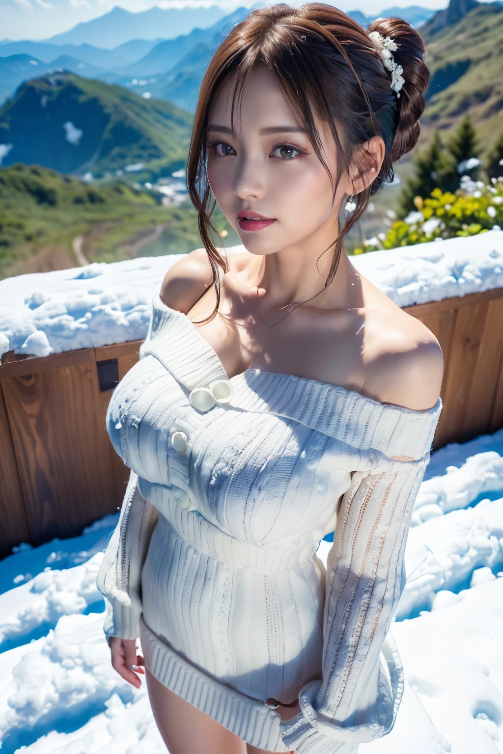 (Make your subject look three-dimensional with the contrast of light and shadow),(((With the sunset in the background))),(((standing on a snowy mountain in winter:1.3))),cute and beautiful adult woman,cute smile,with blushing cheeks,red lips,(((Off-white off-shoulder knit jumper dress:1.3))),black stockings,Knee-high boots,(silvery hair,floral braided headband,half up、floral braided space bun,voluminous fishtail braid,Twisted pan,),(The bangs are see-through bangs),hairpin,hair ornaments,(((emphasize the chest:1.3))),Breast flick,Detailed clothing characteristics,Detailed characteristics of hair,detailed facial features,(dynamic angle),(dynamic and sexy pose),professional lighting,cinematic light,(highest quality,Ultra high resolution output image,) ,(8K quality,Depth of the bounds written,Anatomically accurate facial structure,),(sea art 2 mode:1.3),(Image mode Ultra HD,),(3D Realistic Photography:1.3)