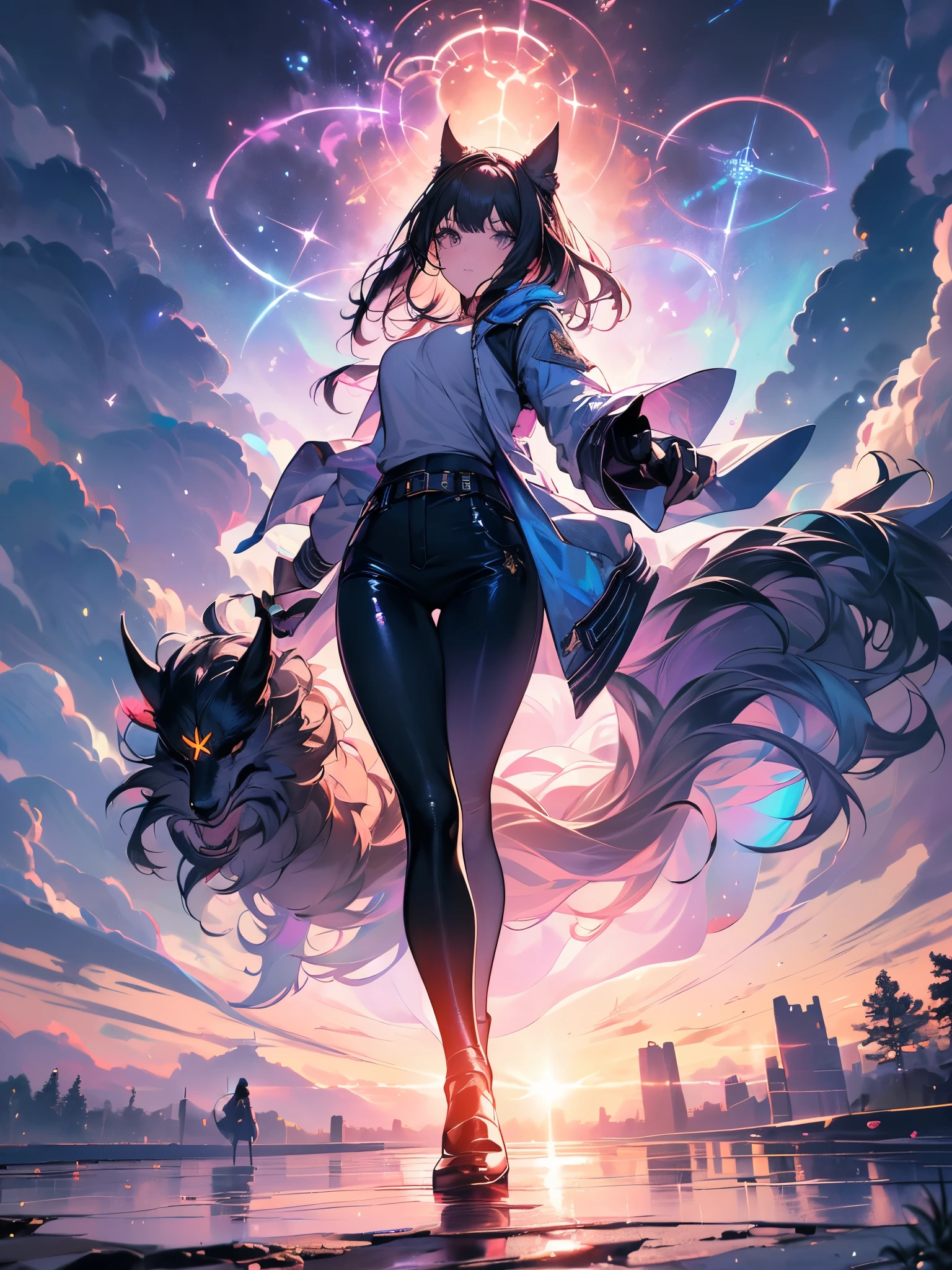 a girl with tight pants, high boots with laces, a jacket with a hood to the back, (((the girl is invoking magic with her hands, where a laser jet comes out with runes and rays))), girl in profile, in a magical and comical scenery with spiral flowers and many colors, {extremely detailed 16k CG unit wallpaper}, expansive landscape photography, (a view from below focusing on the scenery), (wide view of open field), (photo low angle), (high light: 1.2), (low light: 1.4), (warm light source: 1.2), complex details, (iridescent colors: 1.5), (bright lighting), (atmospheric lighting), Dreamy, single, big ass
