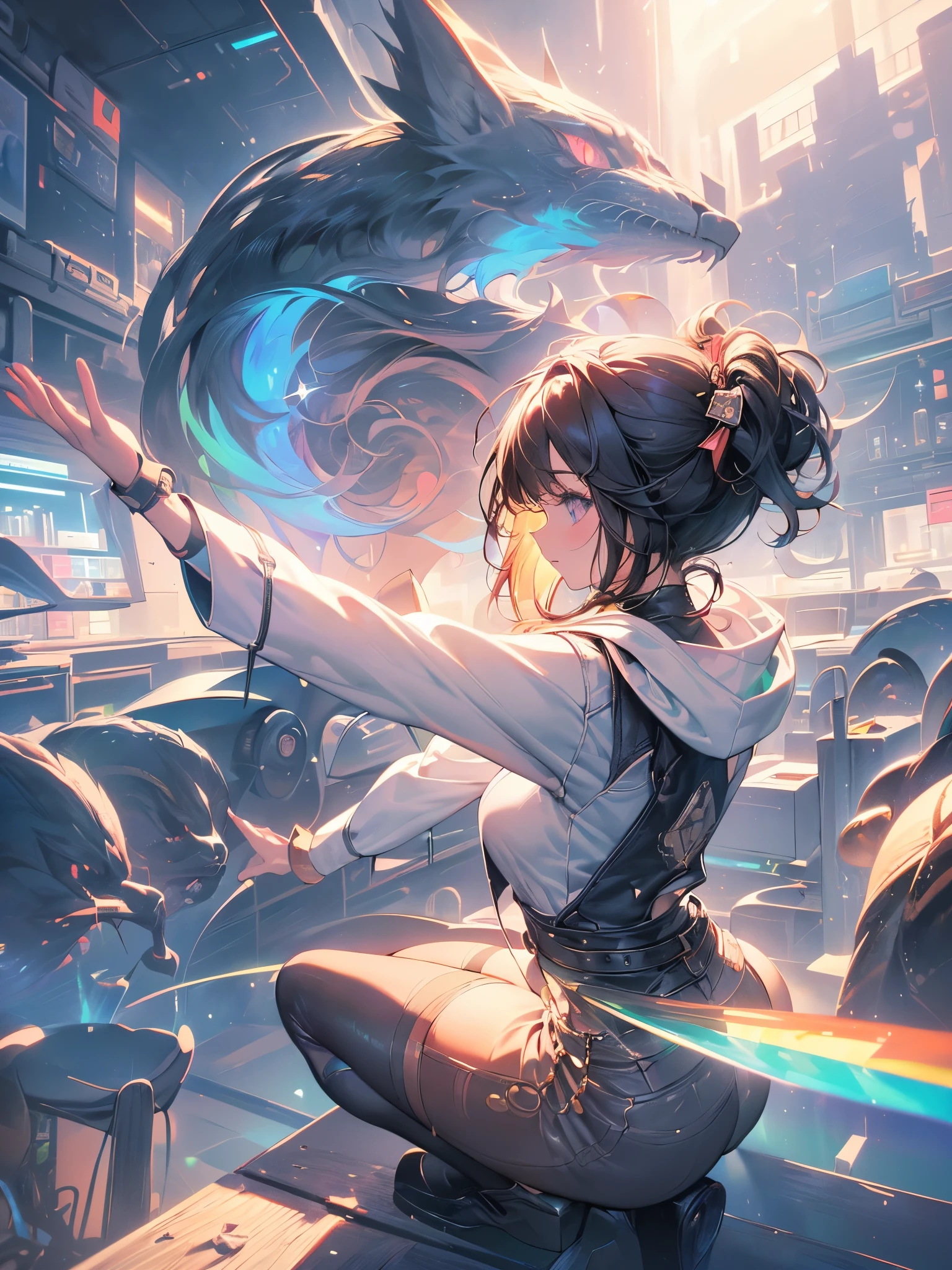 a girl with tight pants, high boots with laces, a jacket with a hood to the back, (((the girl is invoking magic with her hands, where a laser jet comes out with runes and rays))), girl in profile, in a magical and comical scenery with spiral flowers and many colors, {extremely detailed 16k CG unit wallpaper}, expansive landscape photography, (a view from below focusing on the scenery), (wide view of open field), (photo low angle), (high light: 1.2), (low light: 1.4), (warm light source: 1.2), complex details, (iridescent colors: 1.5), (bright lighting), (atmospheric lighting), Dreamy, single, big ass
