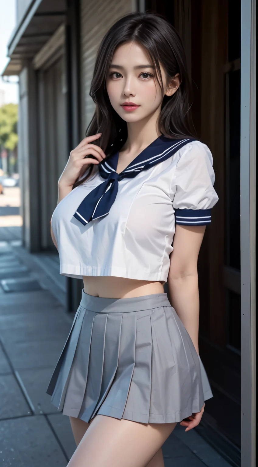 (highest quality:1.4), (hyper quality), (Super detailedな), 1 beautiful girl, So cute, wonderful face and eyes, Not aware of this, (Short-sleeved sailor uniform made of white and thin fabric, gray pleated micro mini skirt:1.5), (Beautiful and incredibly big breasts:1.3), (slender body:1.1), (skinny thin legs), (Very thin waist), belly button, realistic skin texture, bangs:1.3, bright and glossy lips, Beautiful goddess descends, beautiful background, golden ratio, conceptual art, Super detailed, Accurate, advanced details, outdoors, sexy art, Surrounded by the summer sunshine, bright light, Super delicate illustration details, 8K wallpaper that integrates high-definition CG, RAW photo, professional photos, cinematic lighting, written boundary depth, (No bra in uniform:1.2), (You can see the shape of the nipple protrusions through the uniform.:1.2), (The nipple protrusions lift the uniform), (Her big breasts make her uniform stretch out:1.2), I&#39;m massaging my chest and getting stuffy, Cropped tops with fluttering hems:1.3, underboob:1.3, (High heels on bare feet)