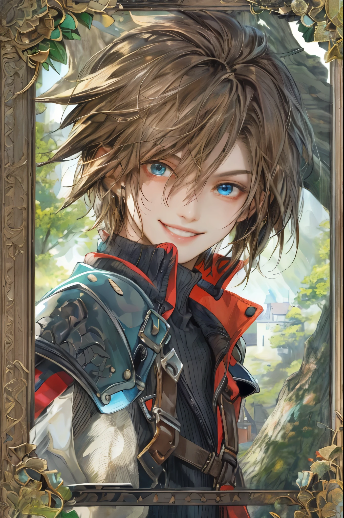 ((absurdres, highres, ultra detailed, perfect face), 1 boy , front view, young boy, handsome boy villain character from Final Fantasy VII, short hair, anime eyes, casual clothes with colorful details,  eyes on the viewer, add red details to picture and smirk, dimples, extremely detailed CG unity 8k wallpaper, add blue details on side, intricate details and add yellow details on left, house under a giant tree background, detailed houses town scenery from a far view, nardack art style 