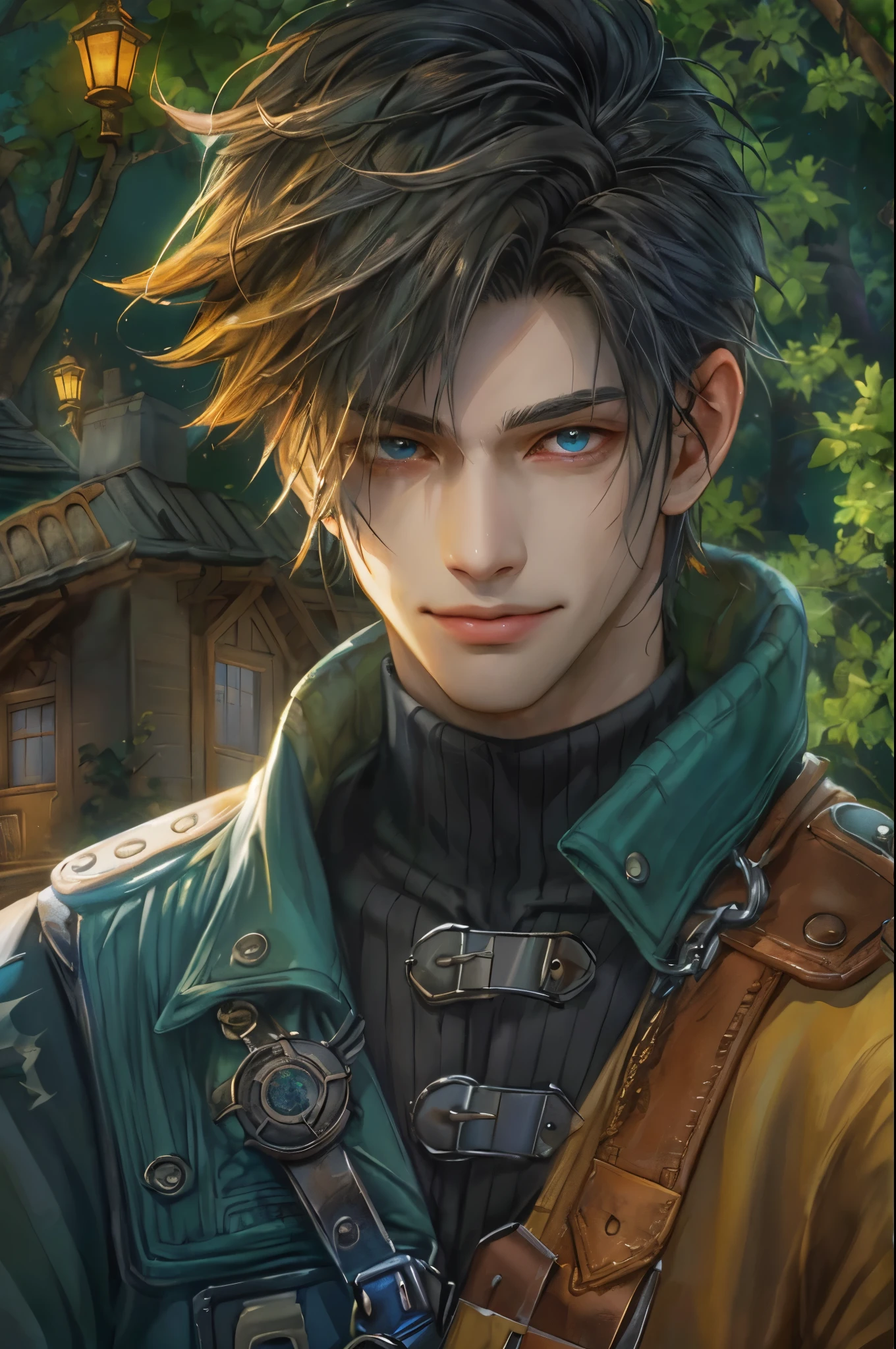 ((absurdres, highres, ultra detailed, perfect face), 1 boy , front view, young boy, handsome boy villain character from Final Fantasy VII, short hair, anime eyes, casual clothes with colorful details,  eyes on the viewer, add red details to picture and smirk, dimples, extremely detailed CG unity 8k wallpaper, add blue details on side, intricate details and add yellow details on left, house under a giant tree background, detailed houses town scenery from a far view, nardack art style 