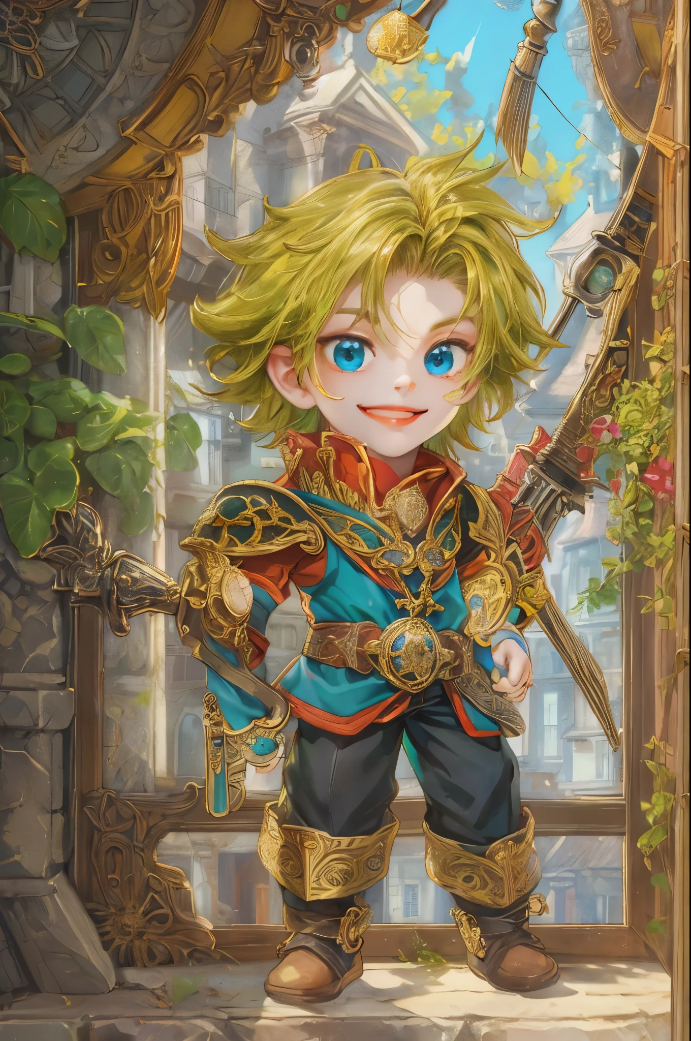 ((absurdres, highres, ultra detailed, perfect face), 1 boy , front view, young boy, handsome boy villain character from legend of mana, short hair, anime eyes, casual clothes with colorful details, eyes on the viewer, add red details to picture and smirk, dimples, extremely detailed CG unity 8k wallpaper, add blue details on side, intricate details and add yellow details on left, armory interior ornaments, Item shop background, detailed houses town scenery window background