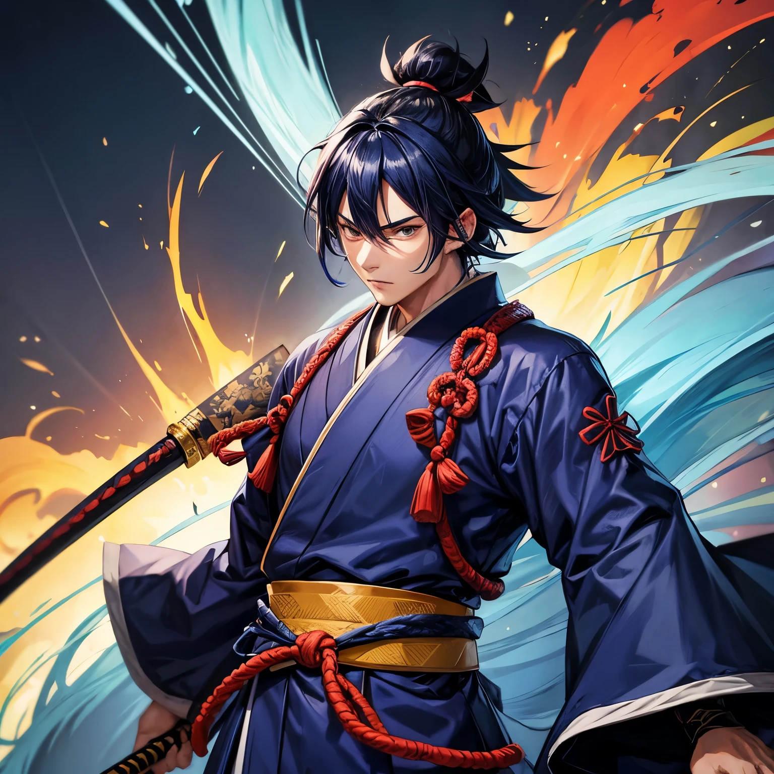 Samurai 2d anime man dark blue hair thrown back, musculoso, wearing japanese kimono