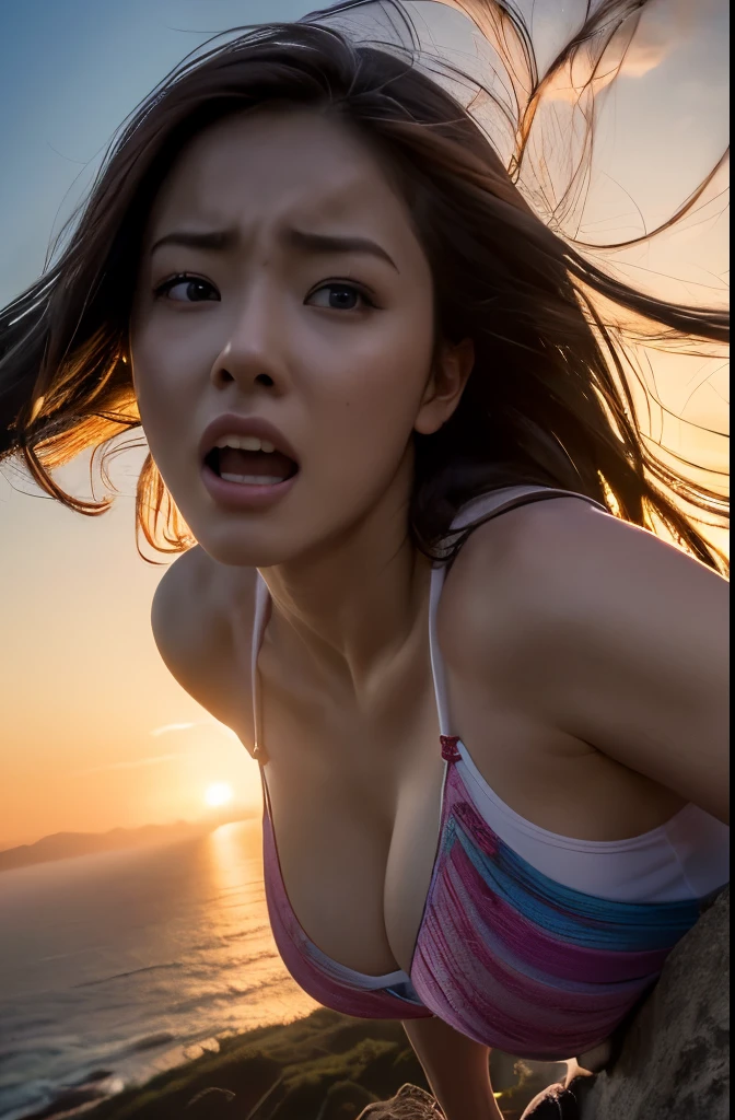 (best quality,4k,8k,highres,masterpiece:1.2),ultra-detailed,(realistic,photorealistic,photo-realistic:1.37),a girl escaping from a near-rape experience,terrifying,detailed expression,chasing beast-like man,climbing a cliff,vivid colors,sunset lighting,horror style