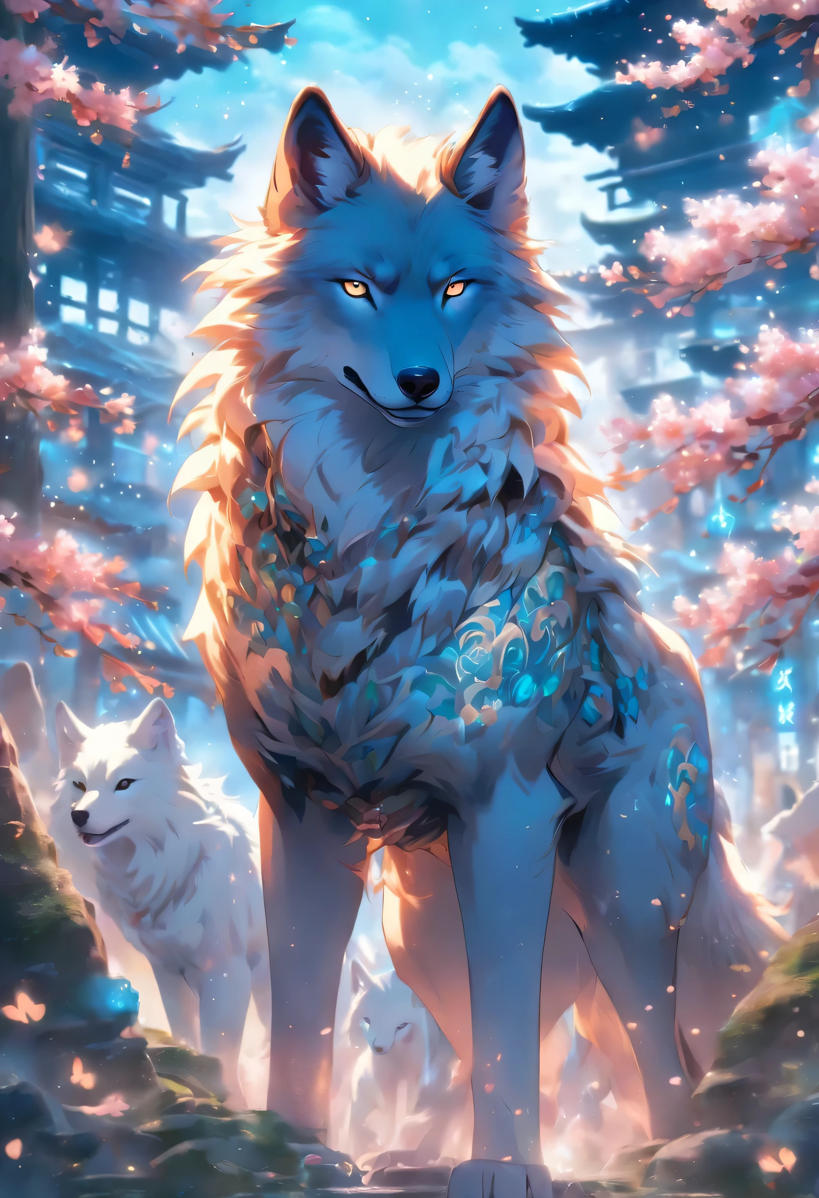 The most beautiful and enchanting wolf spirit, (white hair:1.1) that emits a radiant glow, (bright blue eyes:1.1) with (elaborate tattoos) and (piercings:1.1). She stands in the midst of the most stunning magical forest, with (graffiti and elements of Chinese characters) in the background. (Cherry blossoms:1.1) gently sway in the breeze, creating a picturesque scene. The artwork is (extremely detailed) and a (masterpiece:1.2), showcasing the (best quality:1.2) with (4k, 8k, and highres:1.2) resolution. The image is (ultra-detailed) and (realistic:1.37), portraying the wolf spirit in a (photorealistic) manner. The overall color palette is vibrant and captivating, enhancing the magical ambiance of the scene. The lighting effects beautifully highlight the intricate details and add depth to the artwork.