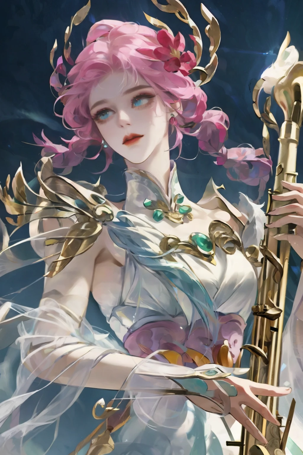 3d,King of Glory,New hero skin,change,heroine,Athena pictures,Dynamic,Correct light and dark lighting,Design a unique new skin masterpiece for King of Glory Diao Chan, best quality, Long flowing rainbow hair, blue, and green, masterpiece, best quality at best, light, saxophone blue, platinum earrings, platinum necklace, white dress,(dynamic lighting:1.2), light, Exquisite facial features, delicate eyes, sharp pupils,
